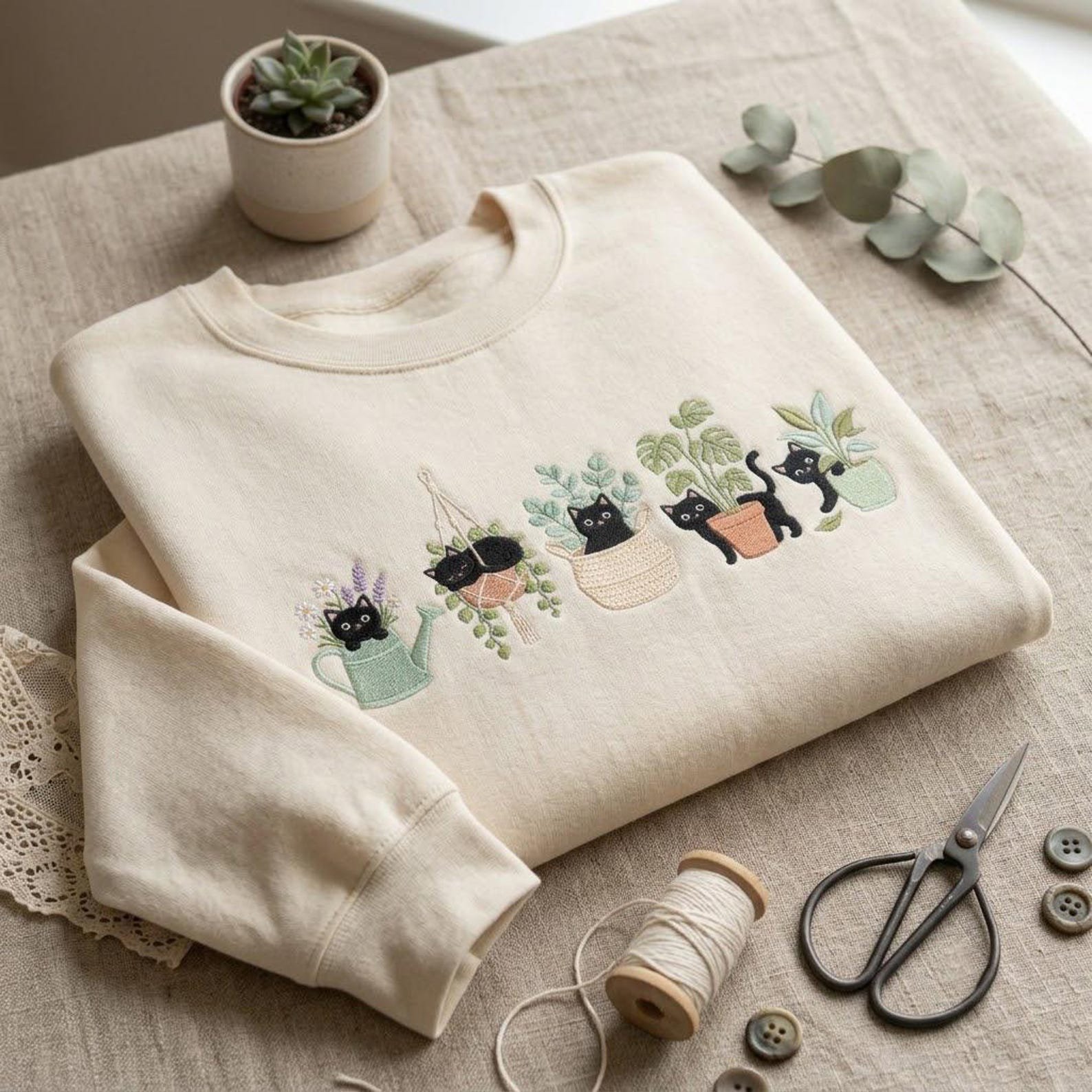 Embroidered Plant Cat Sweatshirt, Cute Black Kitty Gardening Crewneck, Houseplant Lover Pullover, Cozy Botanical Gift for Gardeners 5