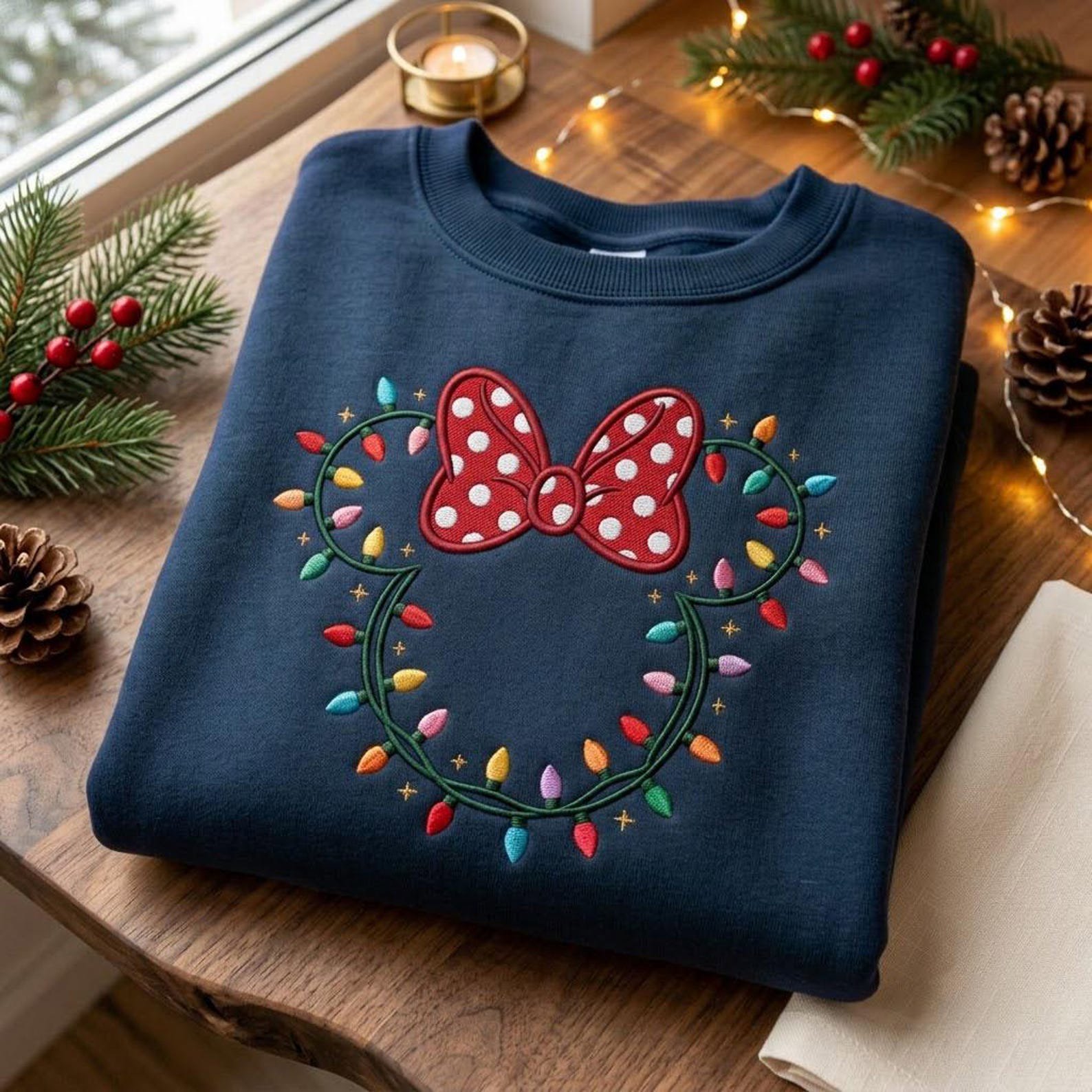 Mouse Ears Christmas Embroidered Sweatshirt, Polka Dot Bow Holiday Lights Crewneck, Magical Theme Park Christmas Vacation Shirt 1