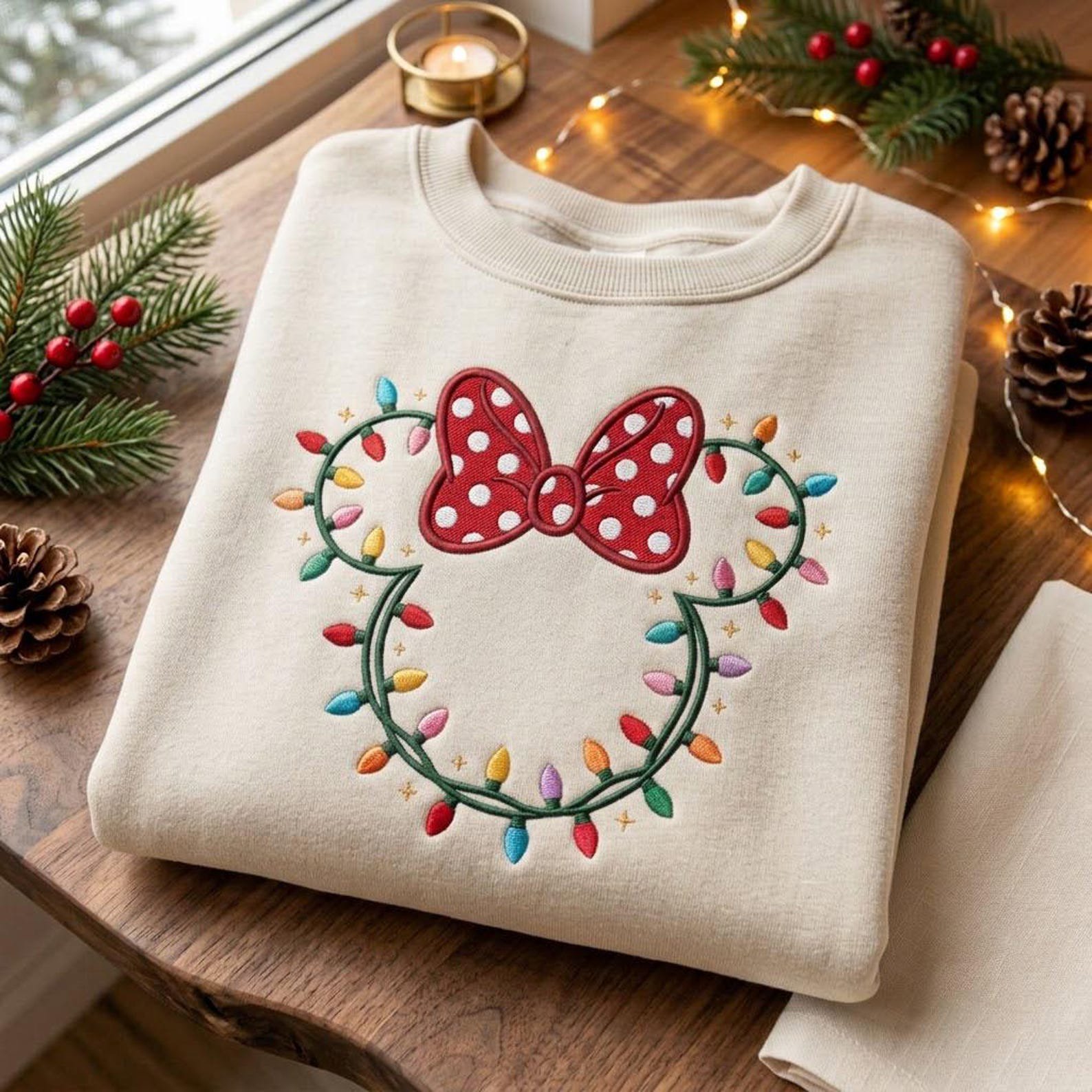 Mouse Ears Christmas Embroidered Sweatshirt, Polka Dot Bow Holiday Lights Crewneck, Magical Theme Park Christmas Vacation Shirt 3