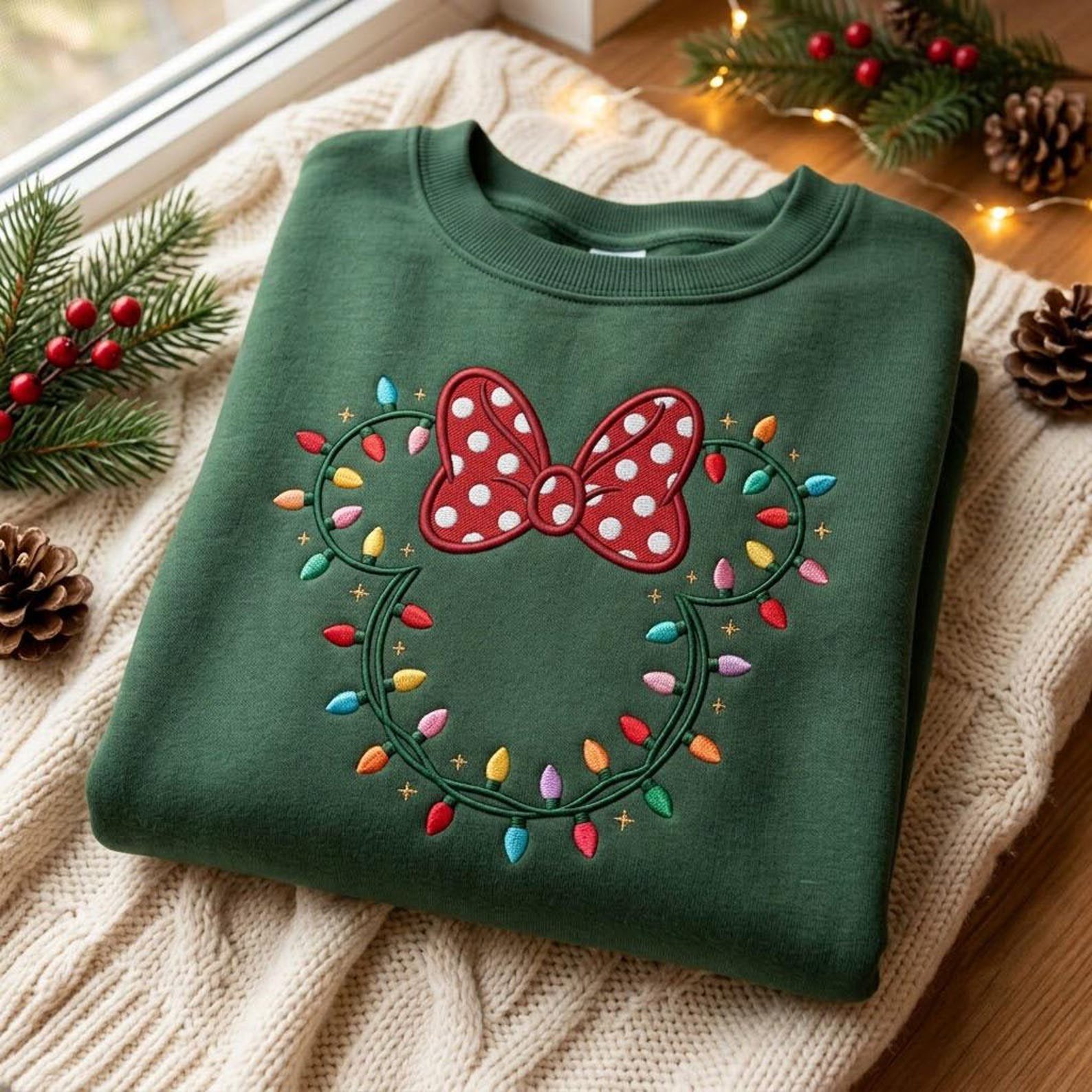 Mouse Ears Christmas Embroidered Sweatshirt, Polka Dot Bow Holiday Lights Crewneck, Magical Theme Park Christmas Vacation Shirt 2