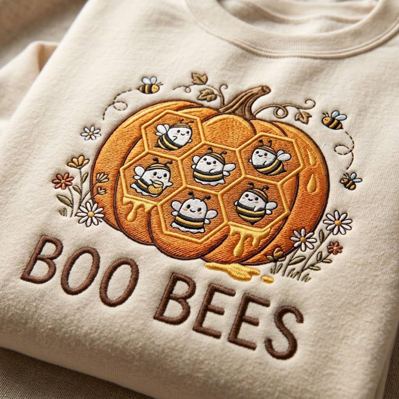 Halloween Bee Sweatshirt, Embroidered Boo Bees Crewneck, Pumpkin Honeycomb Shirt, Cute Spooky Fall Design, Bee Lover Autumn Gift 1