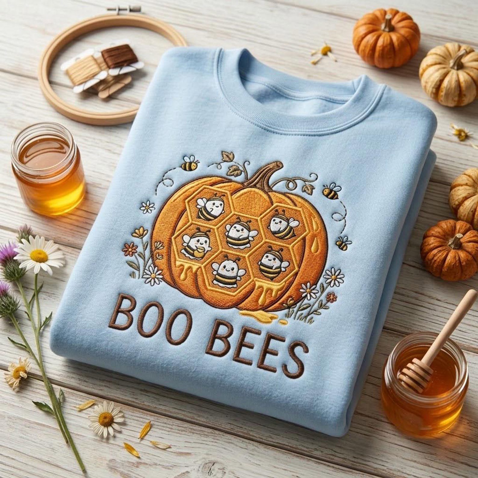 Halloween Bee Sweatshirt, Embroidered Boo Bees Crewneck, Pumpkin Honeycomb Shirt, Cute Spooky Fall Design, Bee Lover Autumn Gift 4