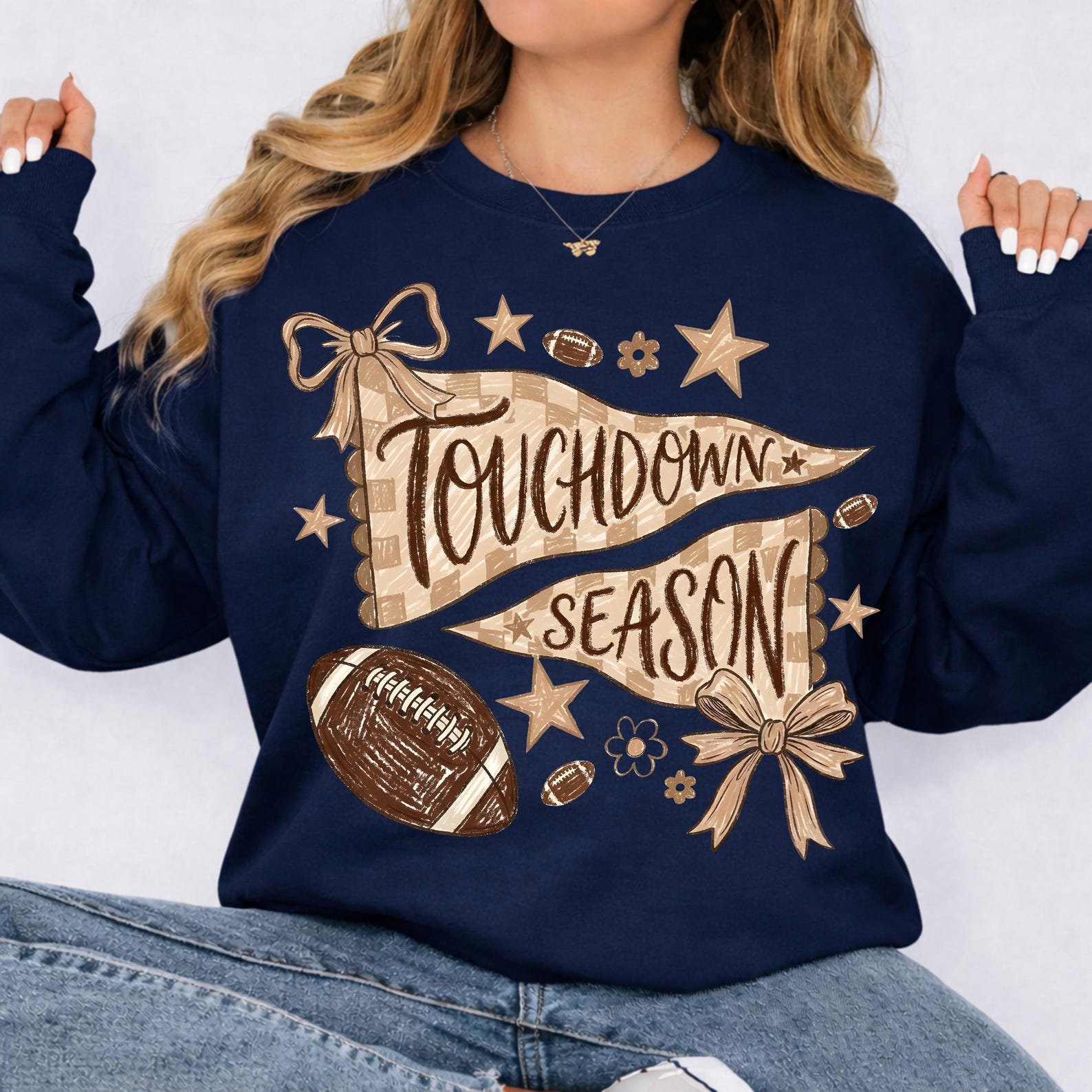 Touchdown Season Football Sweatshirt, Coquette Bow Pennant Graphic Shirt For Game Day Tailgate Outfit 2