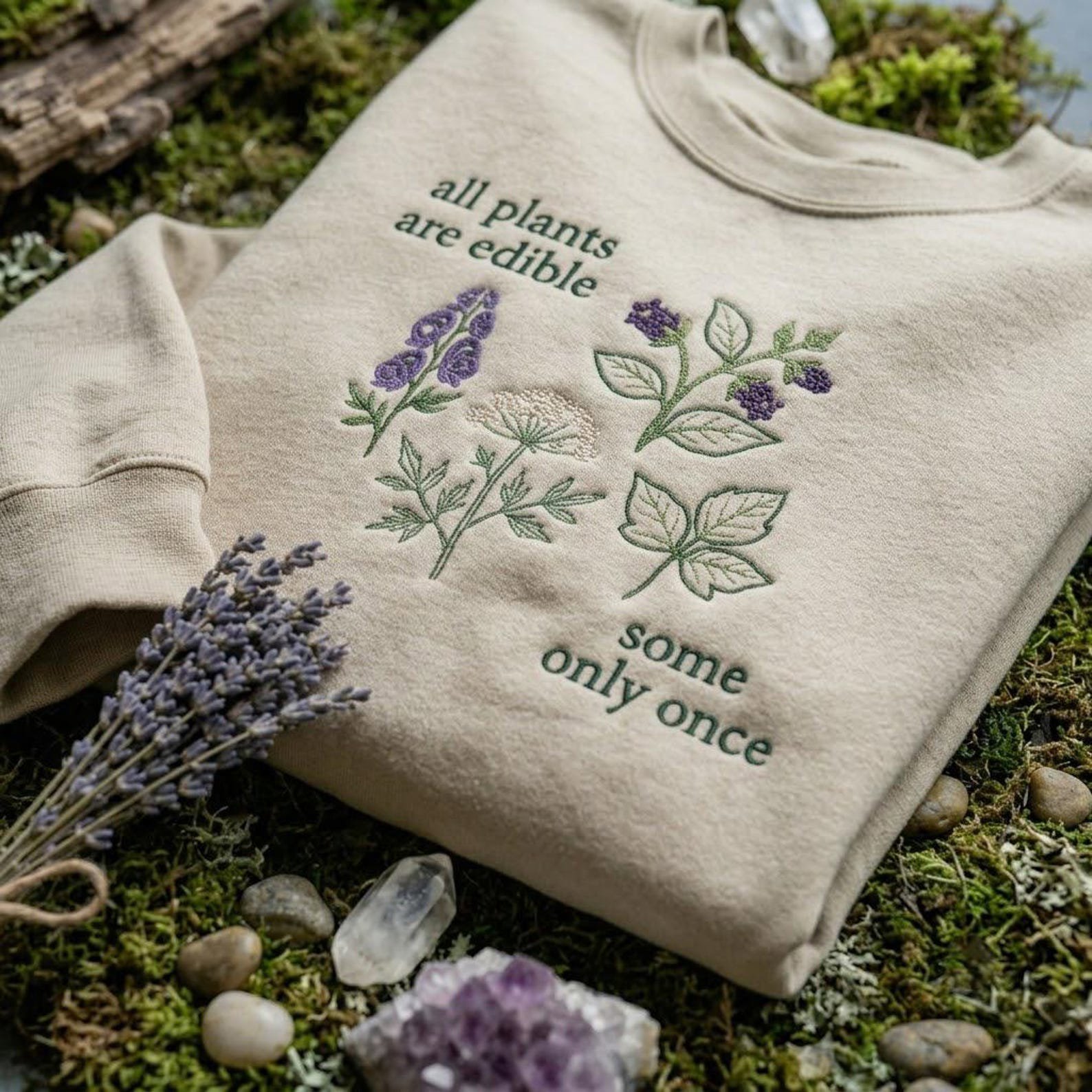 All Plants Are Edible Sweatshirt, Embroidered Botanical Crewneck, Funny Gardening Shirt, Nature Lover Gift 3
