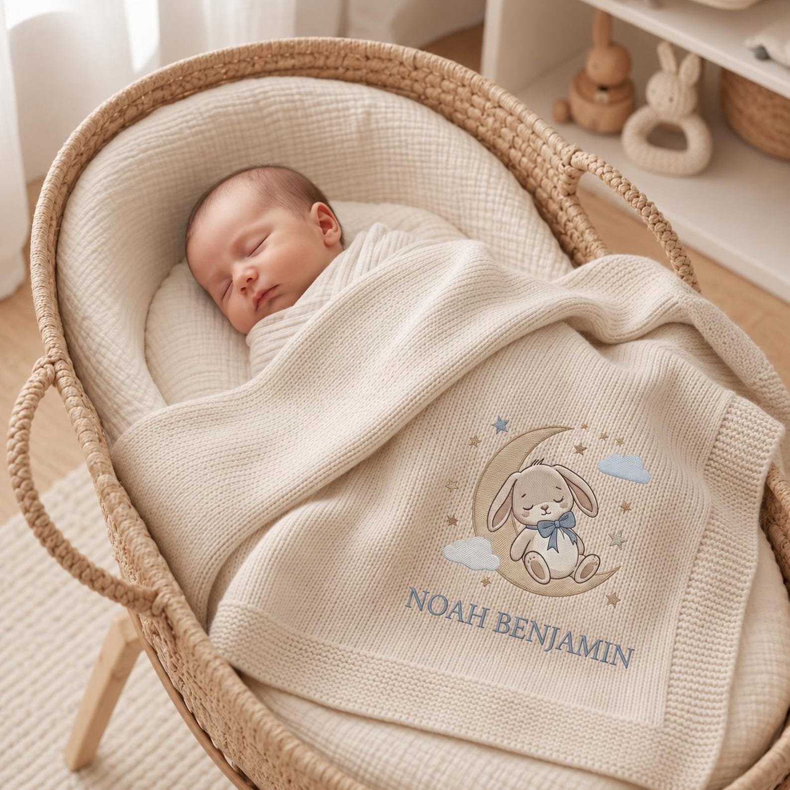 Personalized Baby Blanket, Embroidered Bunny Moon Knit Throw, Custom Name Nursery Keepsake, Newborn Shower Gift 2