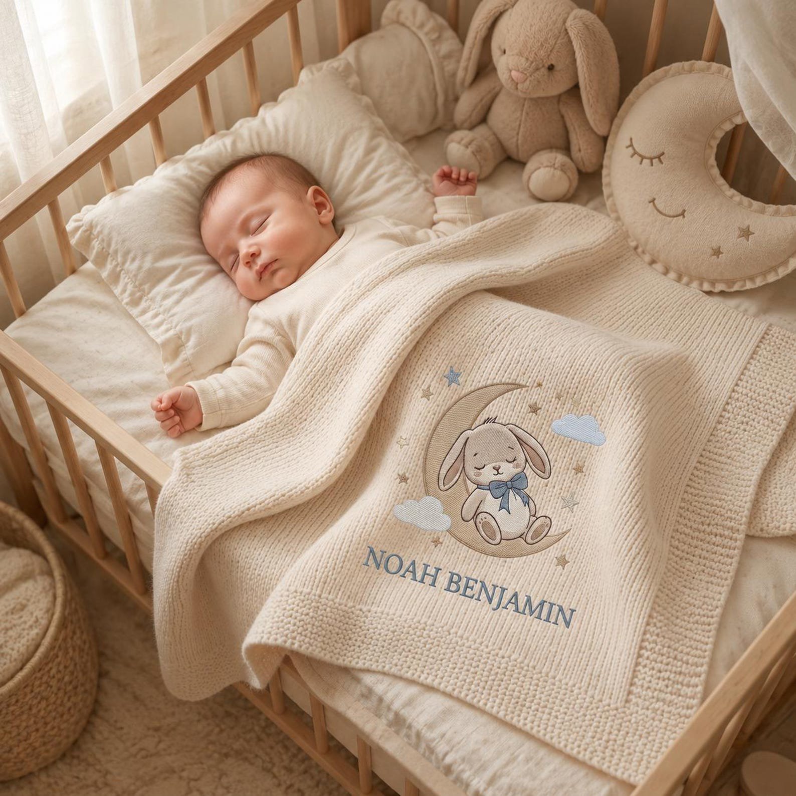 Personalized Baby Blanket, Embroidered Bunny Moon Knit Throw, Custom Name Nursery Keepsake, Newborn Shower Gift 3