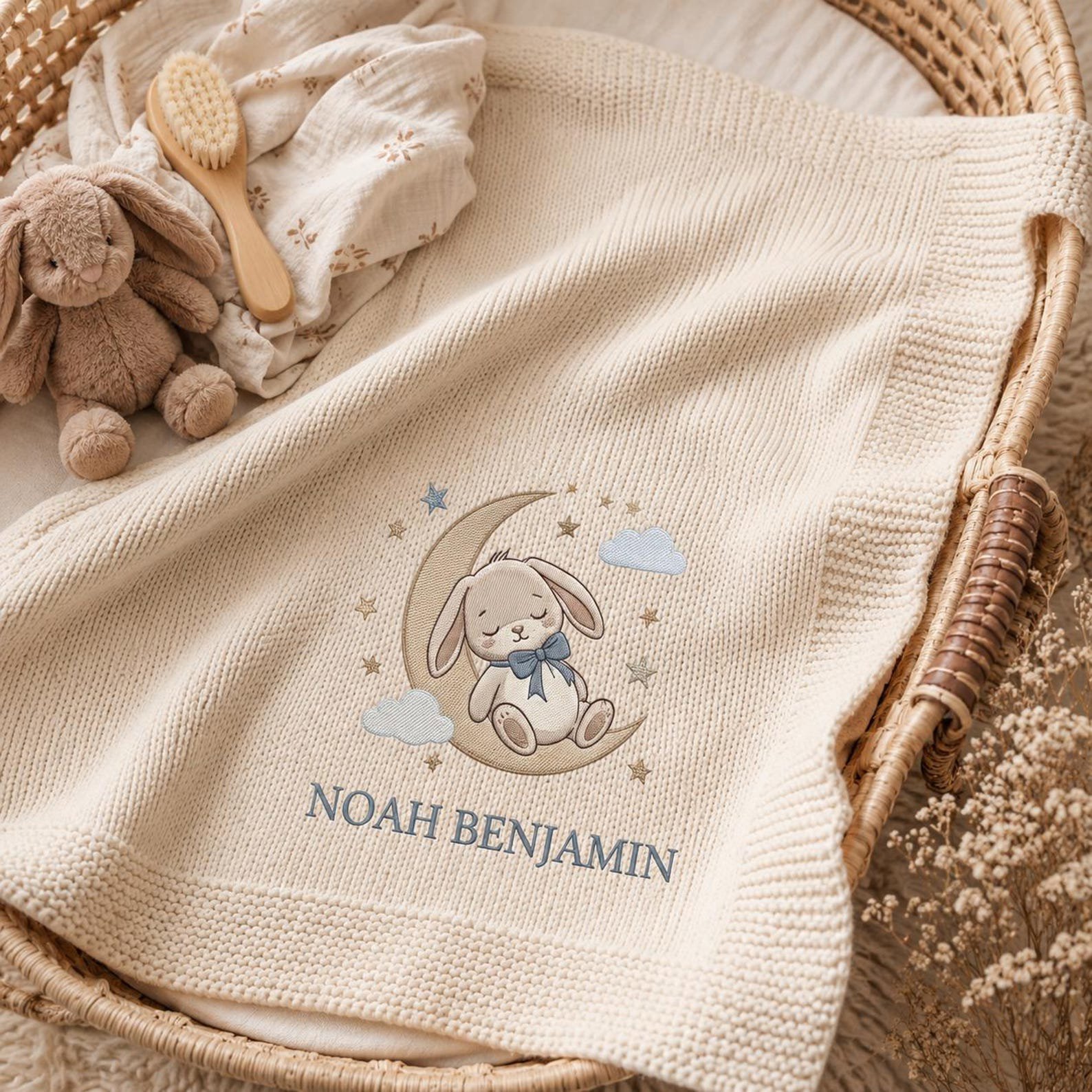 Personalized Baby Blanket, Embroidered Bunny Moon Knit Throw, Custom Name Nursery Keepsake, Newborn Shower Gift 1