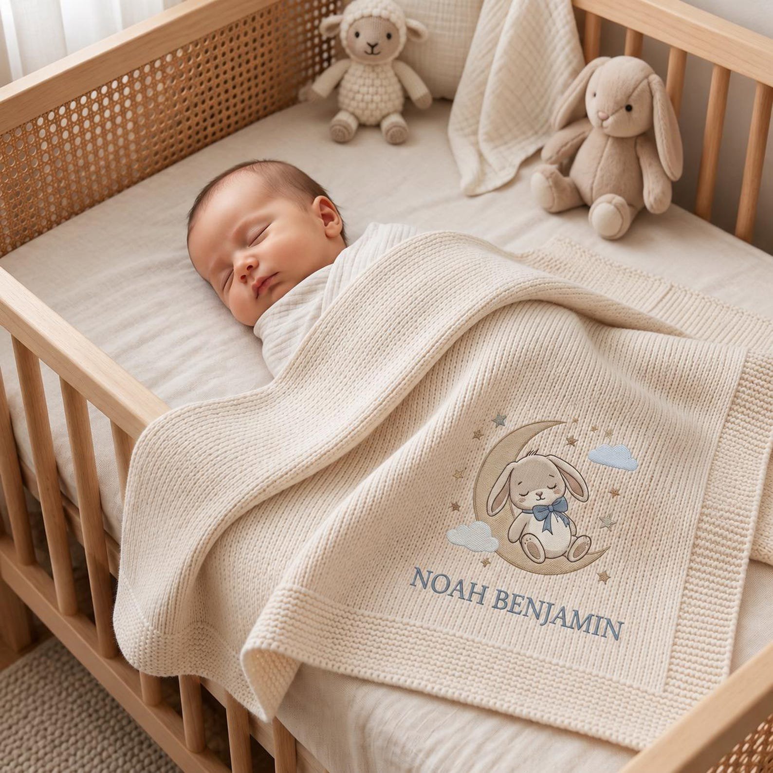 Personalized Baby Blanket, Embroidered Bunny Moon Knit Throw, Custom Name Nursery Keepsake, Newborn Shower Gift 4