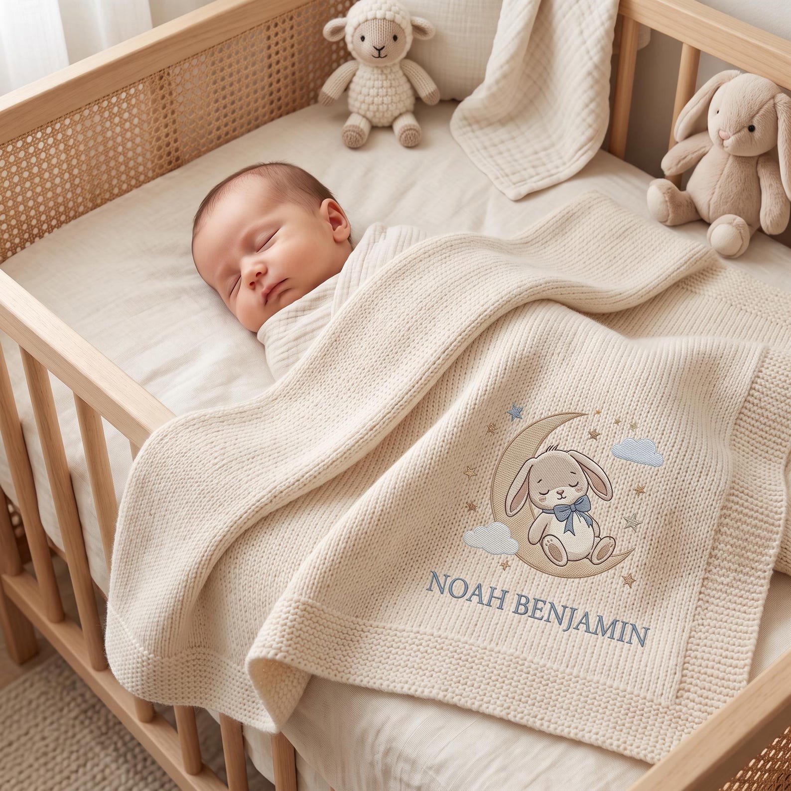 Personalized Baby Blanket, Embroidered Bunny Moon Knit Throw, Custom Name Nursery Keepsake, Newborn Shower Gift 5