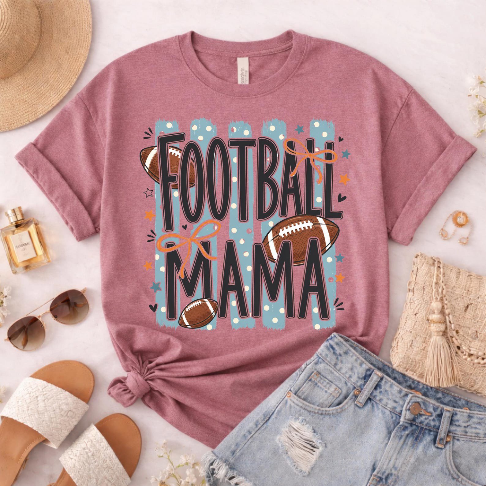 Football Mama Shirt, Coquette Bows And Striped Graphic Sweatshirt For Game Day Tailgate Outfit 5