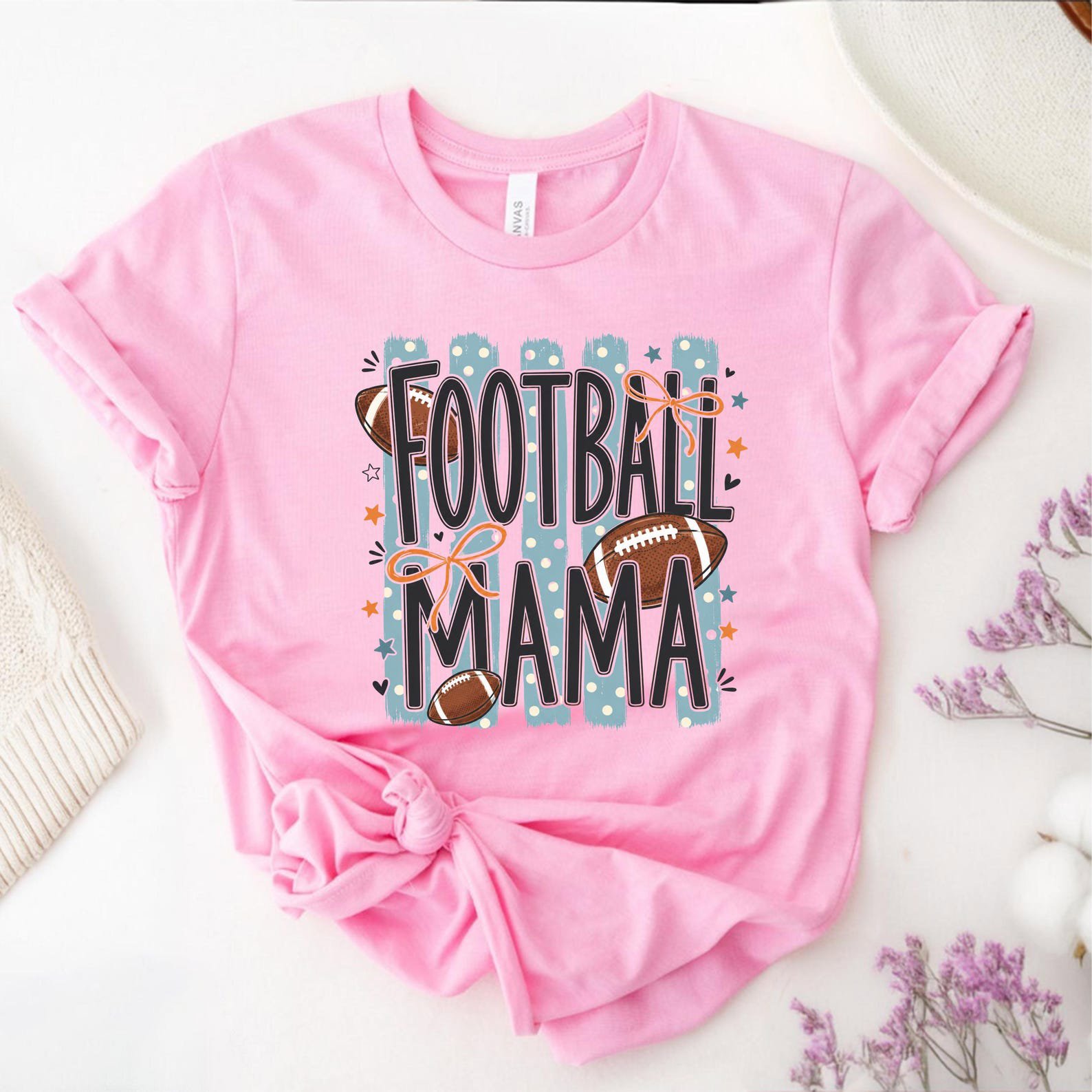 Football Mama Shirt, Coquette Bows And Striped Graphic Sweatshirt For Game Day Tailgate Outfit 7
