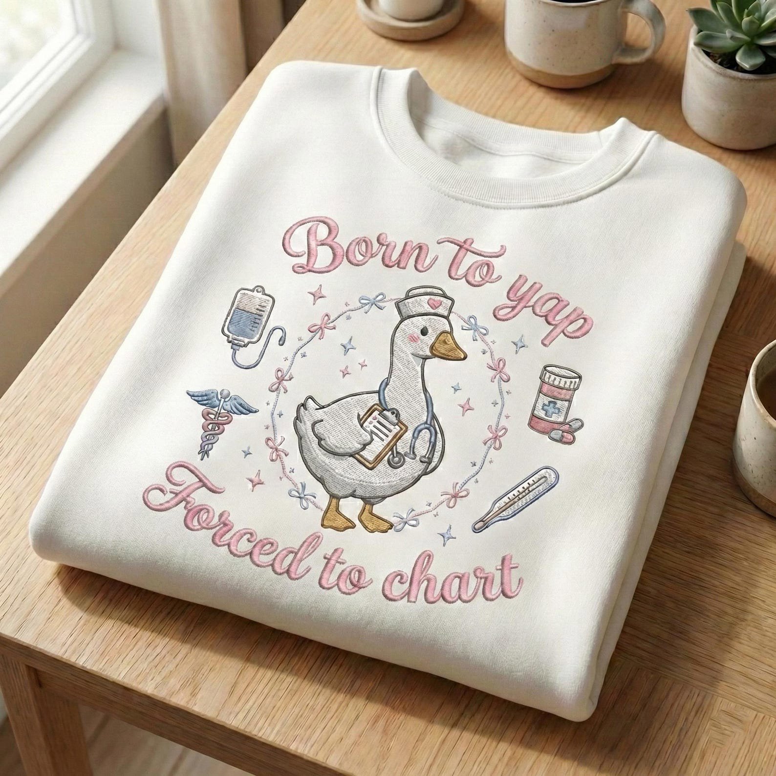 Embroidered Funny Silly Goose Sweater, Born to Yap Forced to Chart Shirt, Nursing Student T-Shirt, ER Nurse, RN Tee, Gift For Medical Staff 1