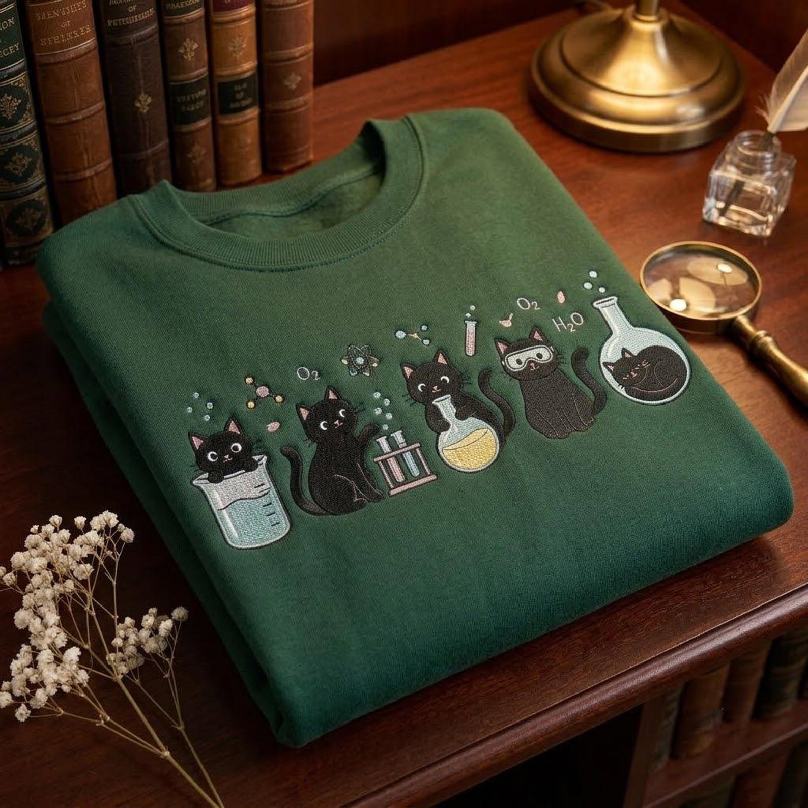 Science Cats Embroidered Crewneck Sweatshirt, Cute Chemistry Lab Cat Gift, STEM Teacher Pullover, Scientist Embroidered Apparel 1