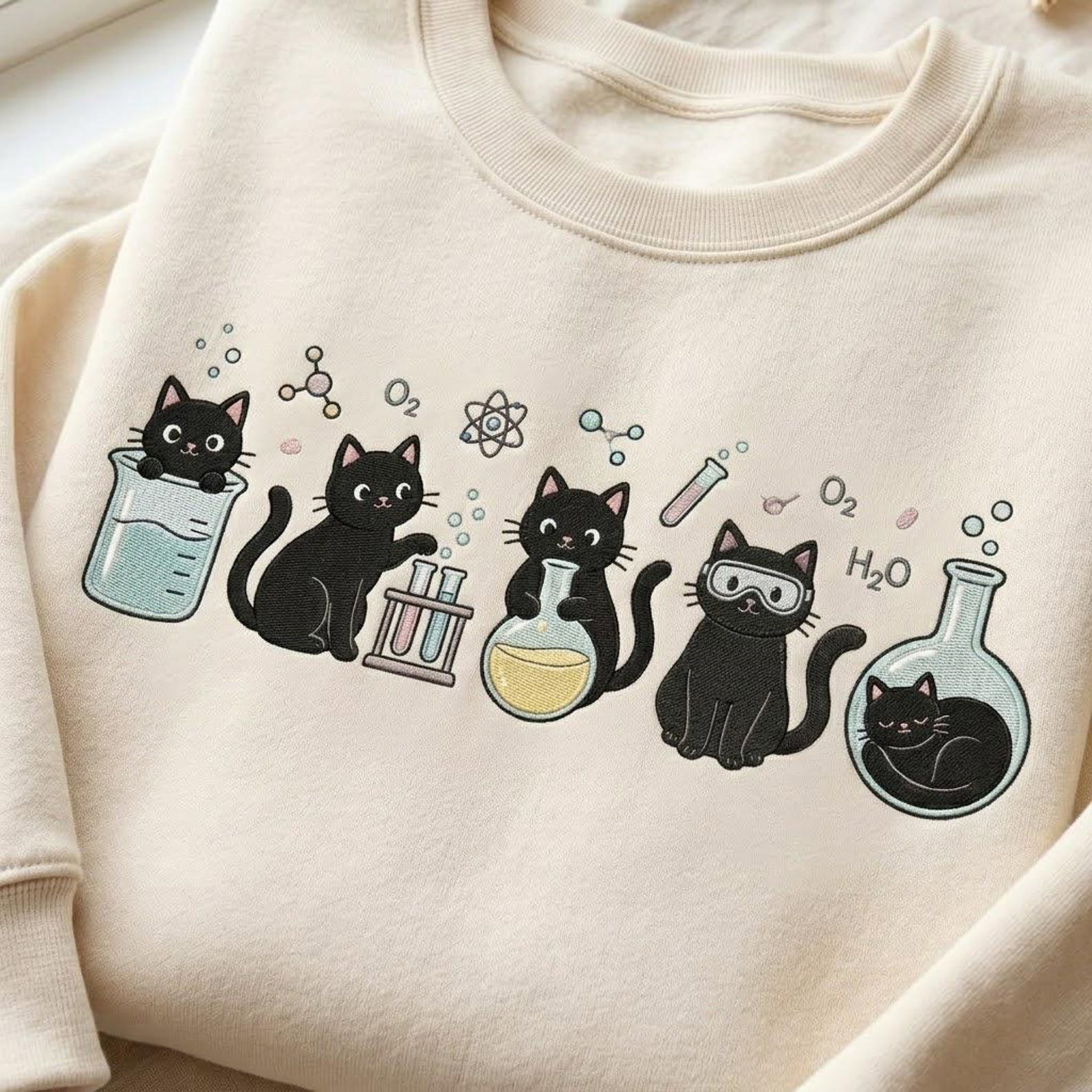 Science Cats Embroidered Crewneck Sweatshirt, Cute Chemistry Lab Cat Gift, STEM Teacher Pullover, Scientist Embroidered Apparel 2