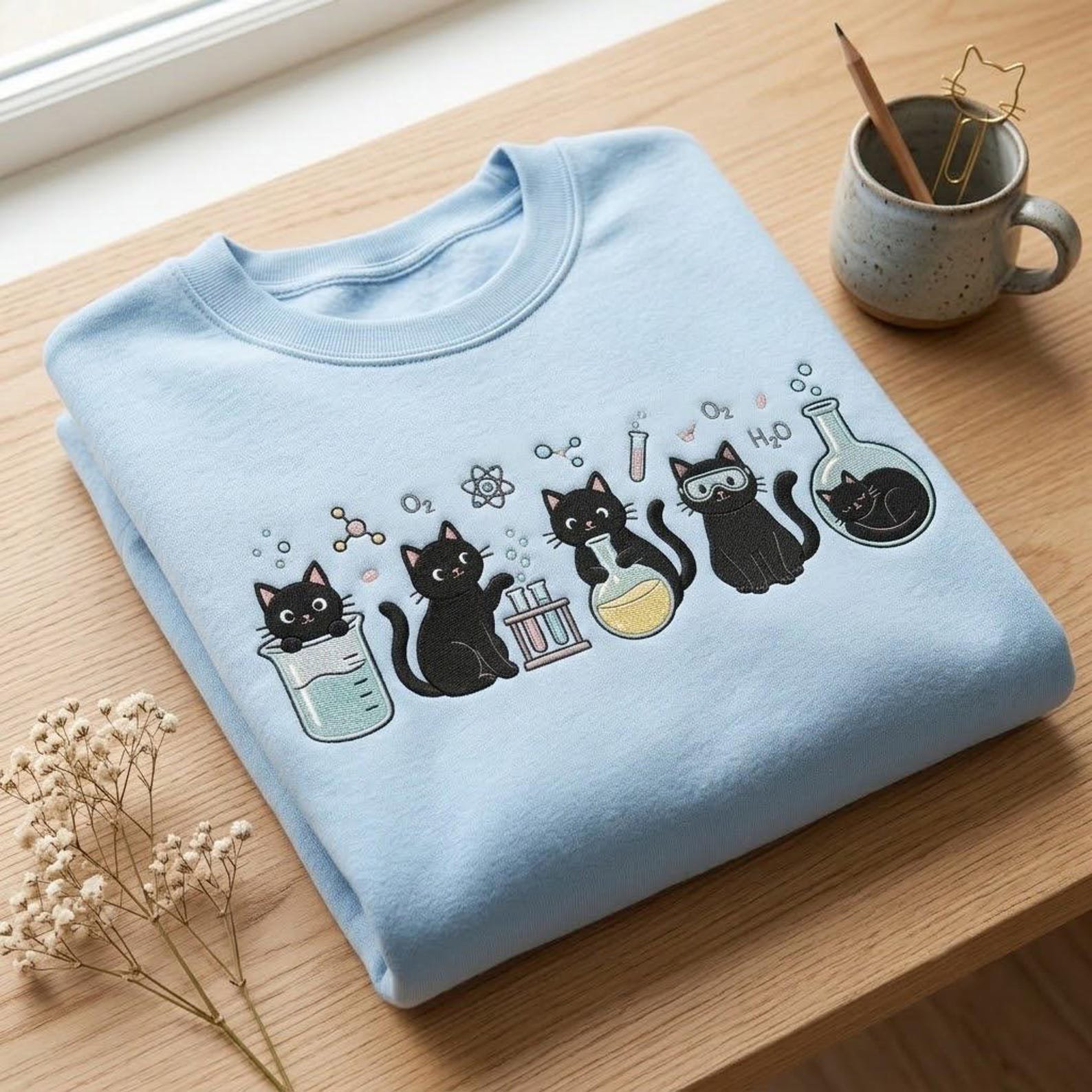 Science Cats Embroidered Crewneck Sweatshirt, Cute Chemistry Lab Cat Gift, STEM Teacher Pullover, Scientist Embroidered Apparel 3