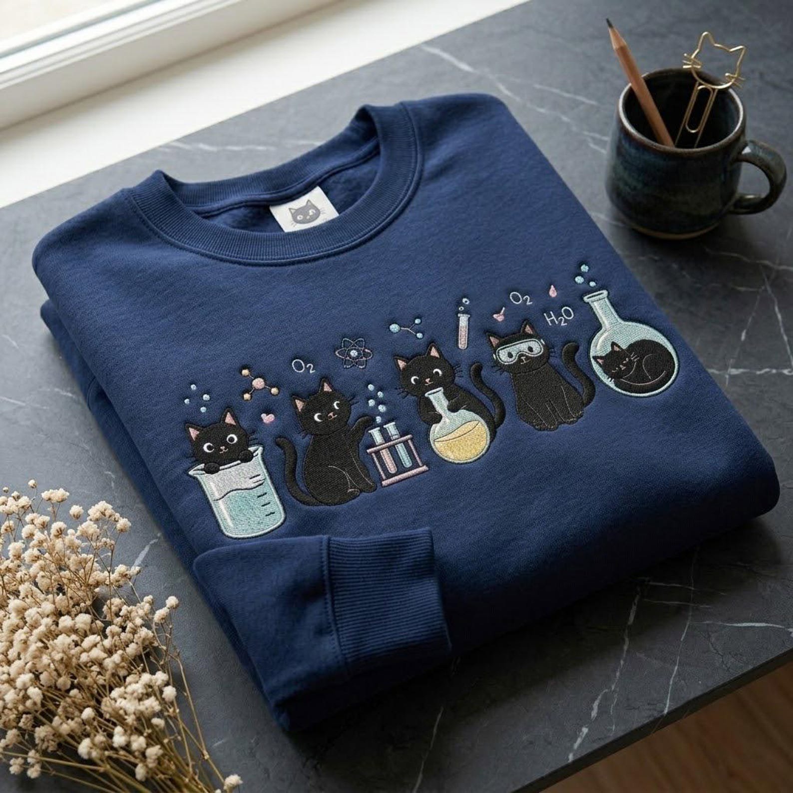 Science Cats Embroidered Crewneck Sweatshirt, Cute Chemistry Lab Cat Gift, STEM Teacher Pullover, Scientist Embroidered Apparel 4