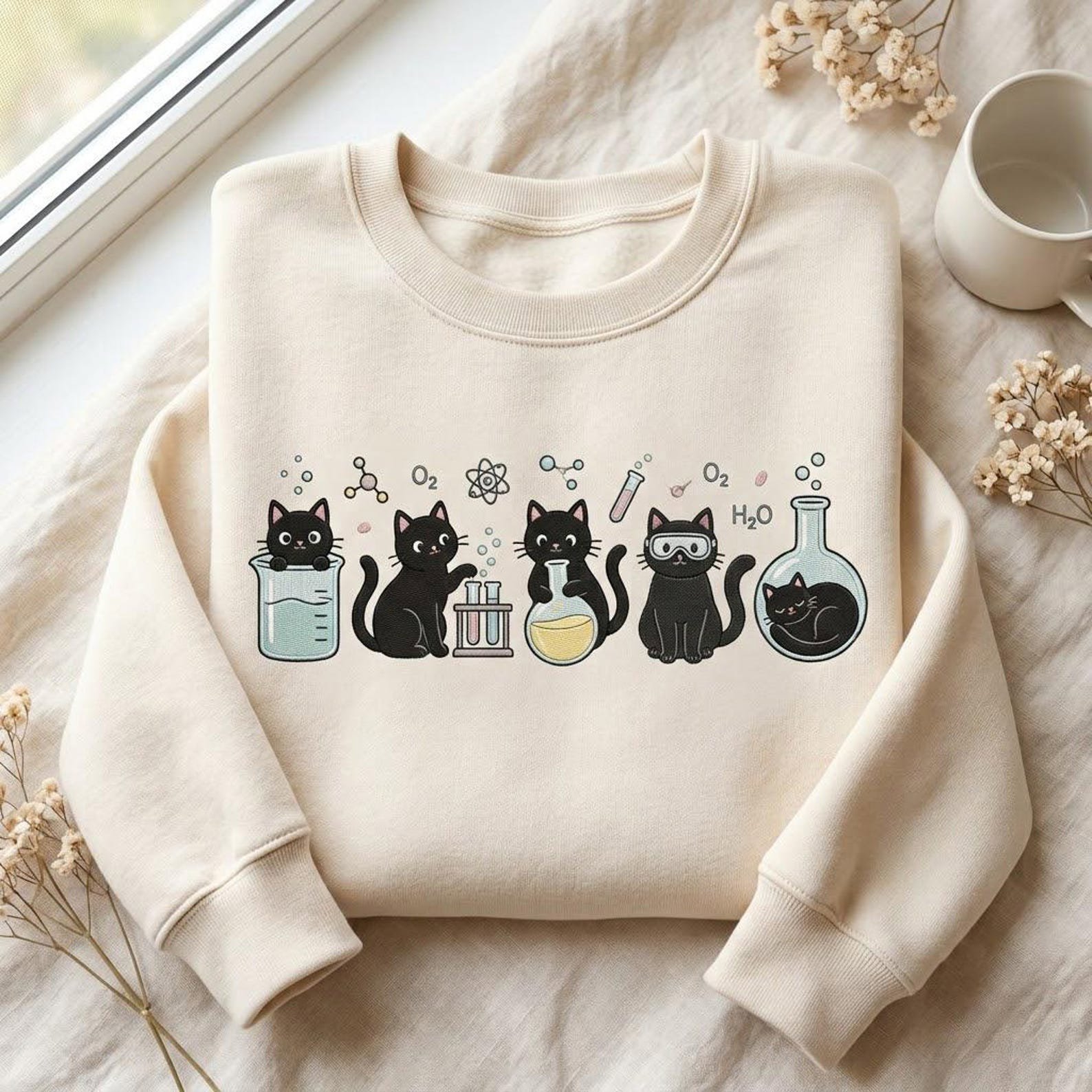 Science Cats Embroidered Crewneck Sweatshirt, Cute Chemistry Lab Cat Gift, STEM Teacher Pullover, Scientist Embroidered Apparel 5