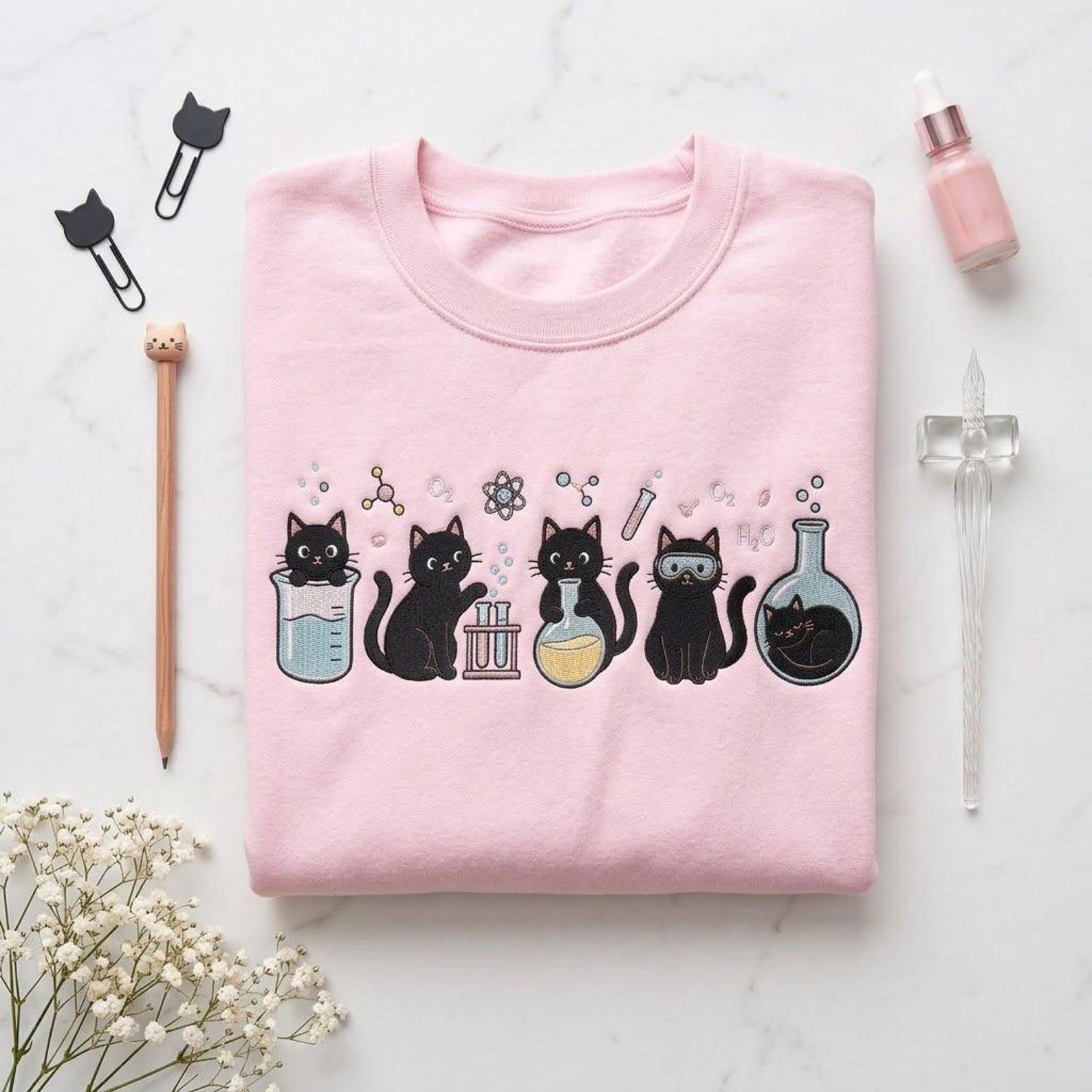 Science Cats Embroidered Crewneck Sweatshirt, Cute Chemistry Lab Cat Gift, STEM Teacher Pullover, Scientist Embroidered Apparel 6