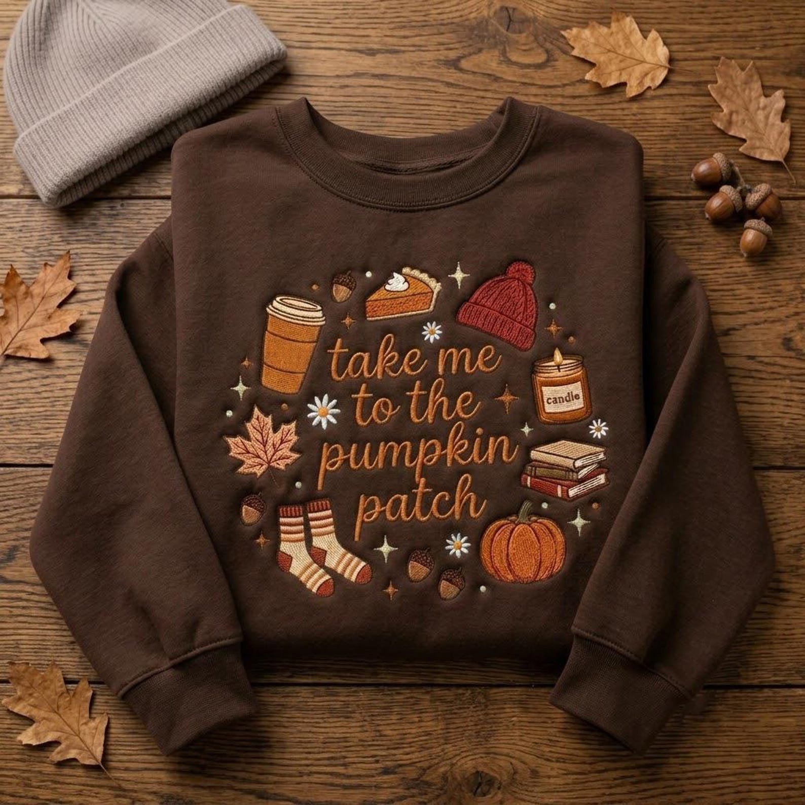 Fall Embroidered Sweatshirt, Take Me to the Pumpkin Patch Crewneck, Cozy Autumn Pullover, Coffee Lover Apparel, Harvest Season Outfit 2
