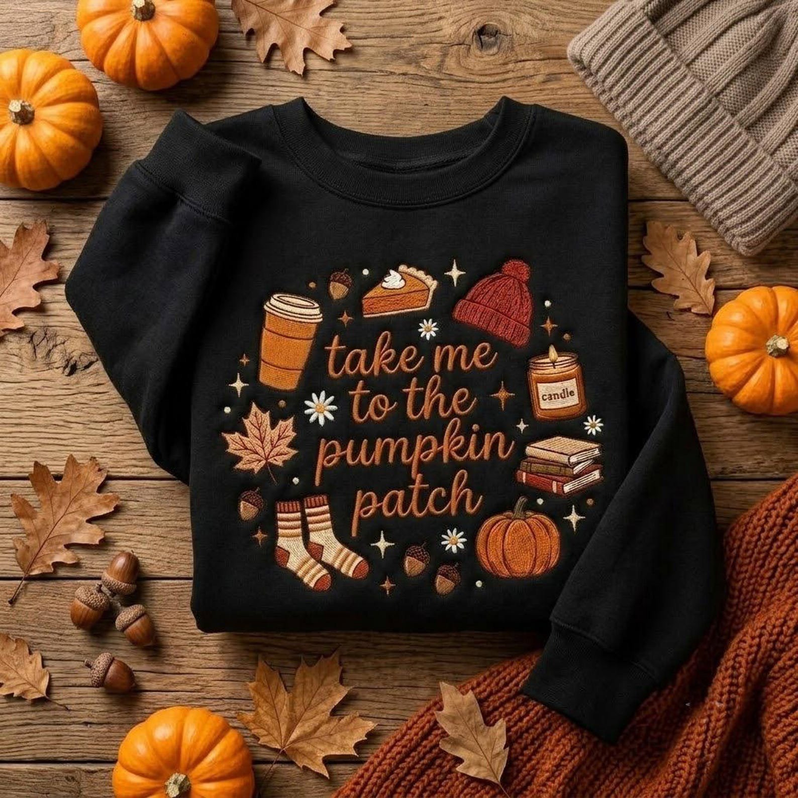 Fall Embroidered Sweatshirt, Take Me to the Pumpkin Patch Crewneck, Cozy Autumn Pullover, Coffee Lover Apparel, Harvest Season Outfit 3