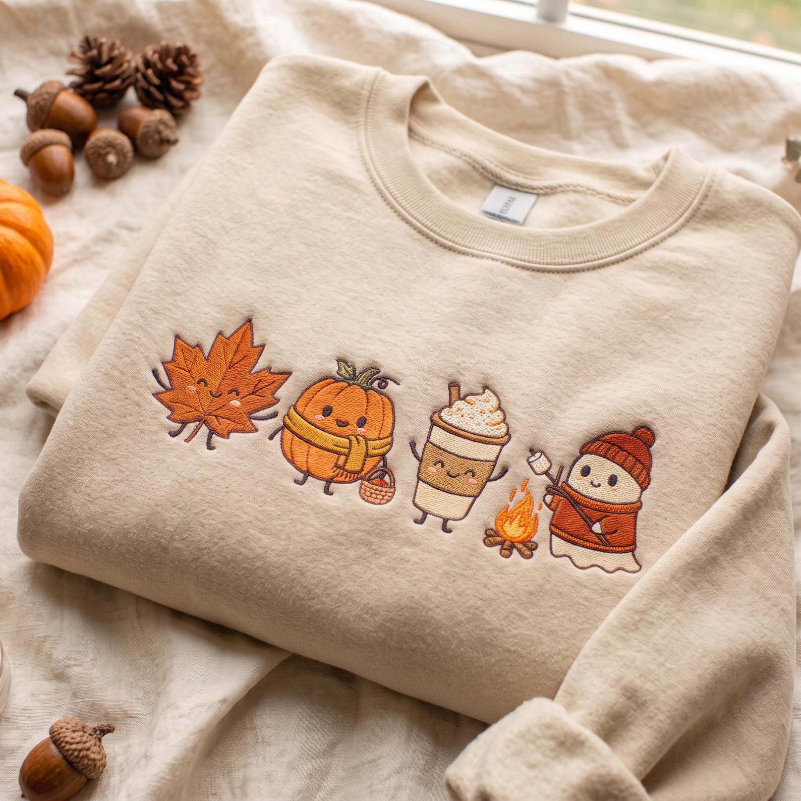 Embroidered Cute Fall Sweatshirt, Gift for Fall Lovers, Kawaii Harvest Season Pumpkin Latte Ghost Design, Cozy Autumn Campfire Shirt 2