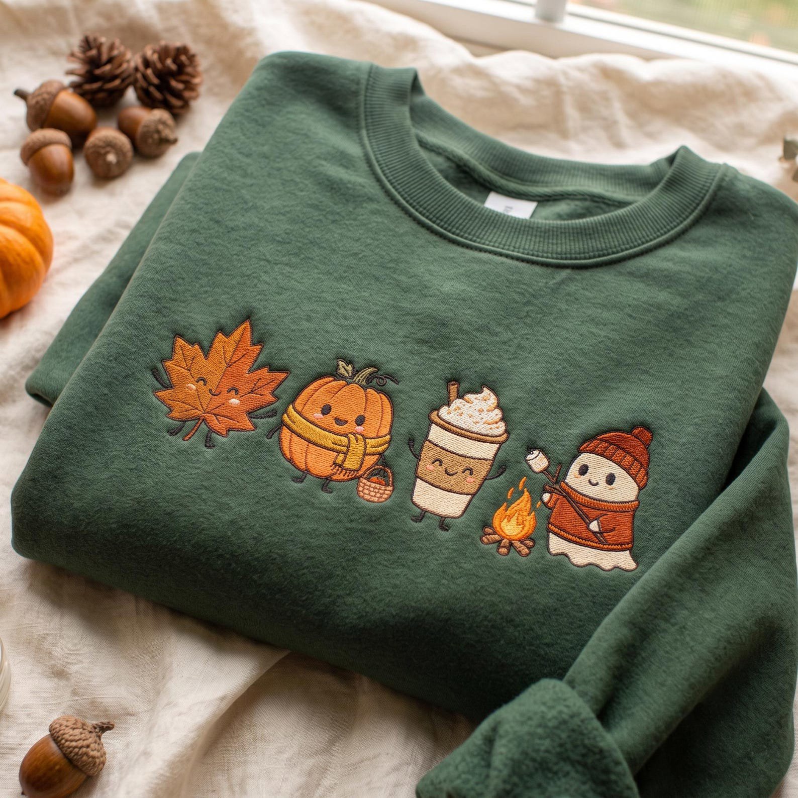 Embroidered Cute Fall Sweatshirt, Gift for Fall Lovers, Kawaii Harvest Season Pumpkin Latte Ghost Design, Cozy Autumn Campfire Shirt 3