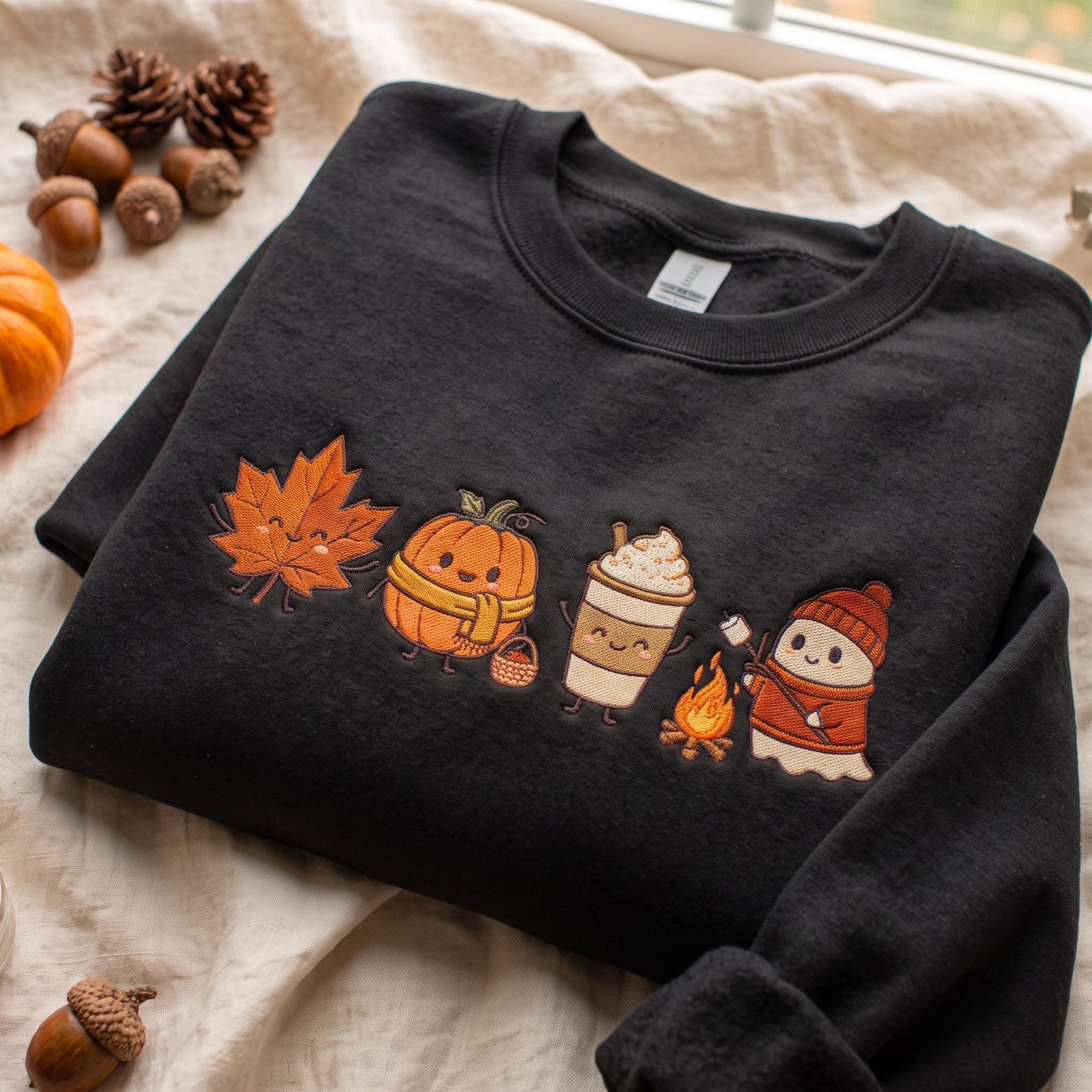 Embroidered Cute Fall Sweatshirt, Gift for Fall Lovers, Kawaii Harvest Season Pumpkin Latte Ghost Design, Cozy Autumn Campfire Shirt 1