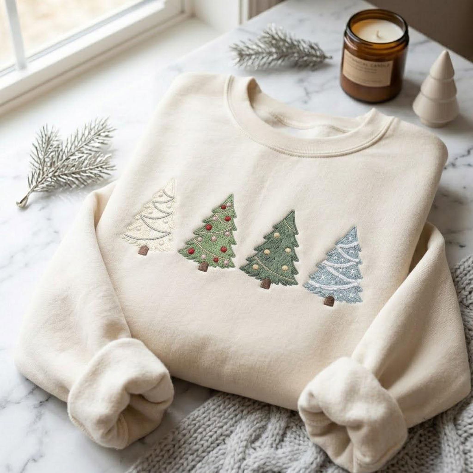Christmas Embroidered Sweatshirt, Four Christmas Tree Crewneck, Minimal Holiday Shirt, Cozy Winter Sweatshirt, Festive Xmas Gift 2