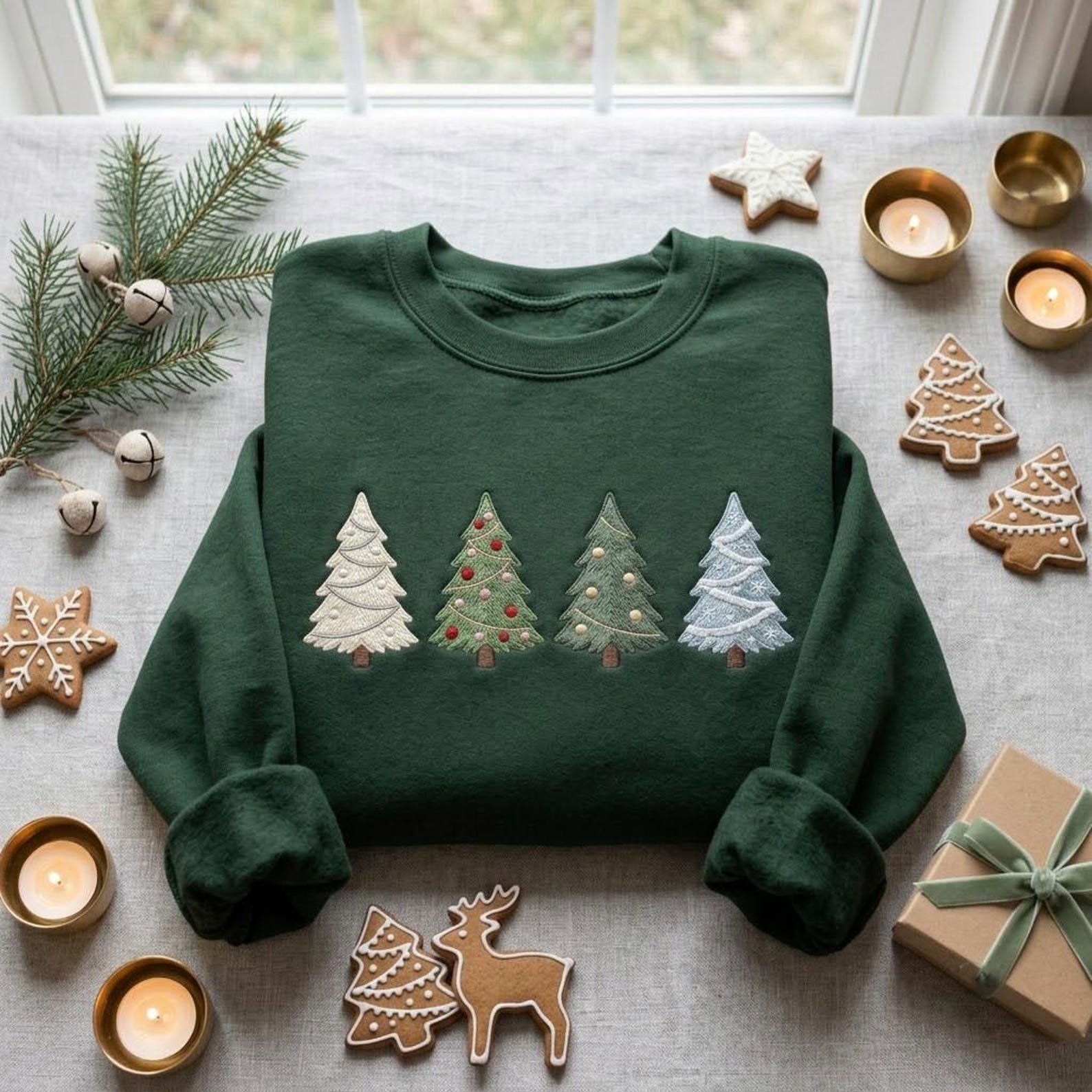 Christmas Embroidered Sweatshirt, Four Christmas Tree Crewneck, Minimal Holiday Shirt, Cozy Winter Sweatshirt, Festive Xmas Gift 3