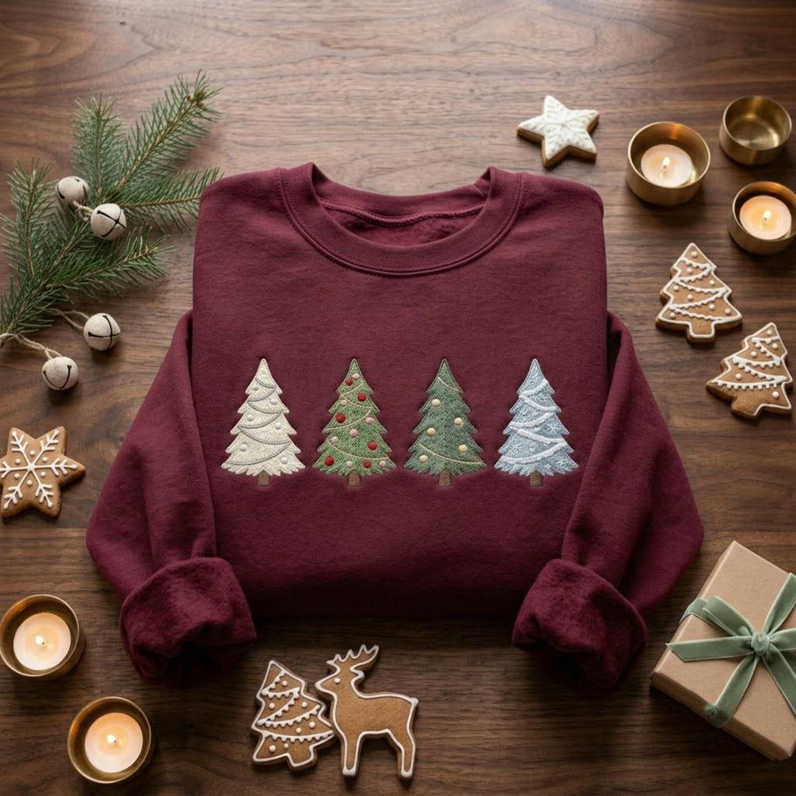 Christmas Embroidered Sweatshirt, Four Christmas Tree Crewneck, Minimal Holiday Shirt, Cozy Winter Sweatshirt, Festive Xmas Gift 1
