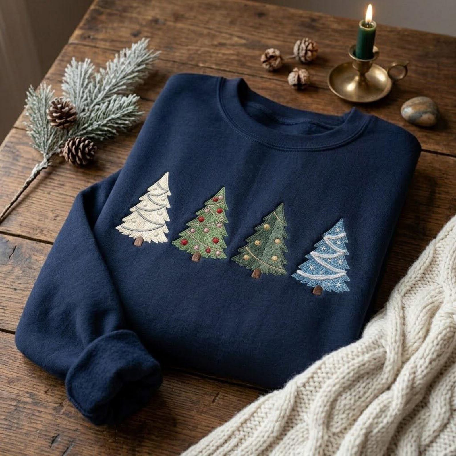 Christmas Embroidered Sweatshirt, Four Christmas Tree Crewneck, Minimal Holiday Shirt, Cozy Winter Sweatshirt, Festive Xmas Gift 4