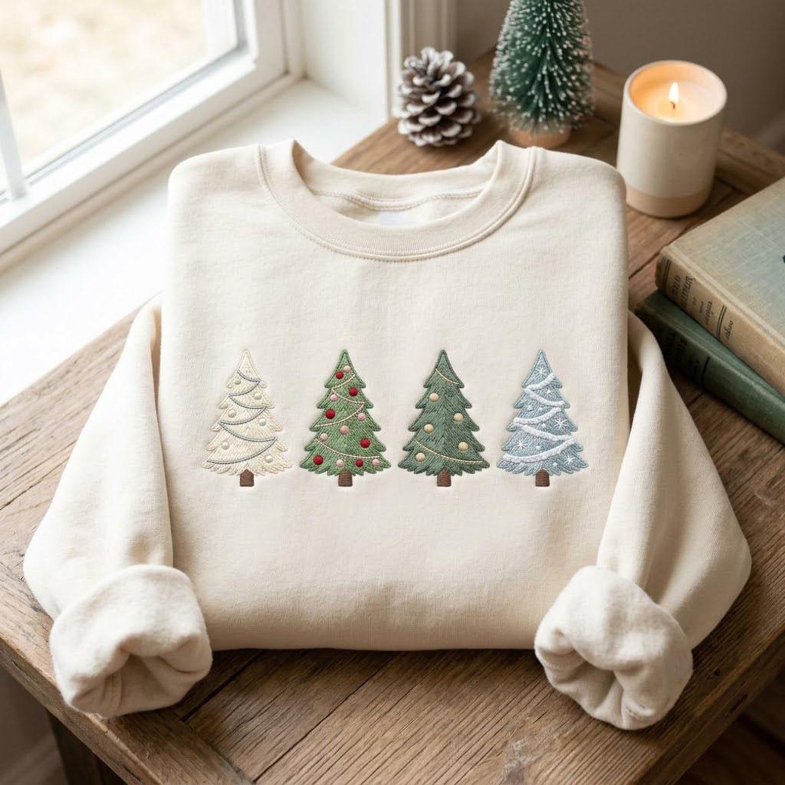 Christmas Embroidered Sweatshirt, Four Christmas Tree Crewneck, Minimal Holiday Shirt, Cozy Winter Sweatshirt, Festive Xmas Gift 5
