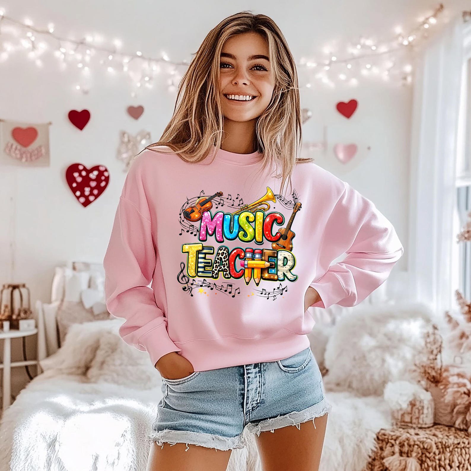 Colorful Music Teacher Sweatshirt, Musical Instruments Graphics Shirt For School Educators 1