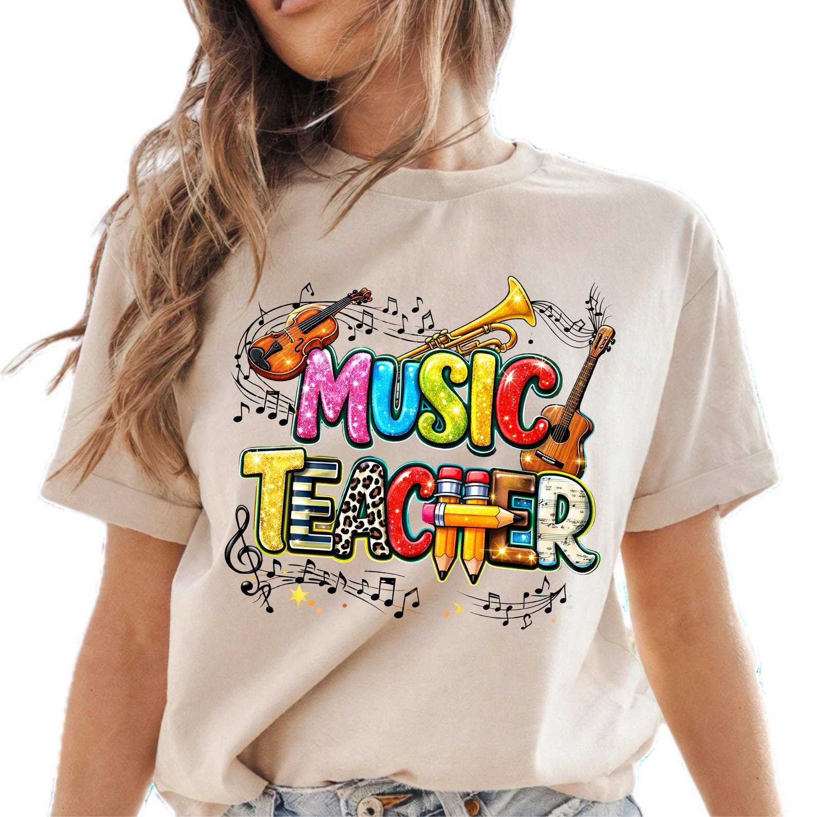 Colorful Music Teacher Sweatshirt, Musical Instruments Graphics Shirt For School Educators 4