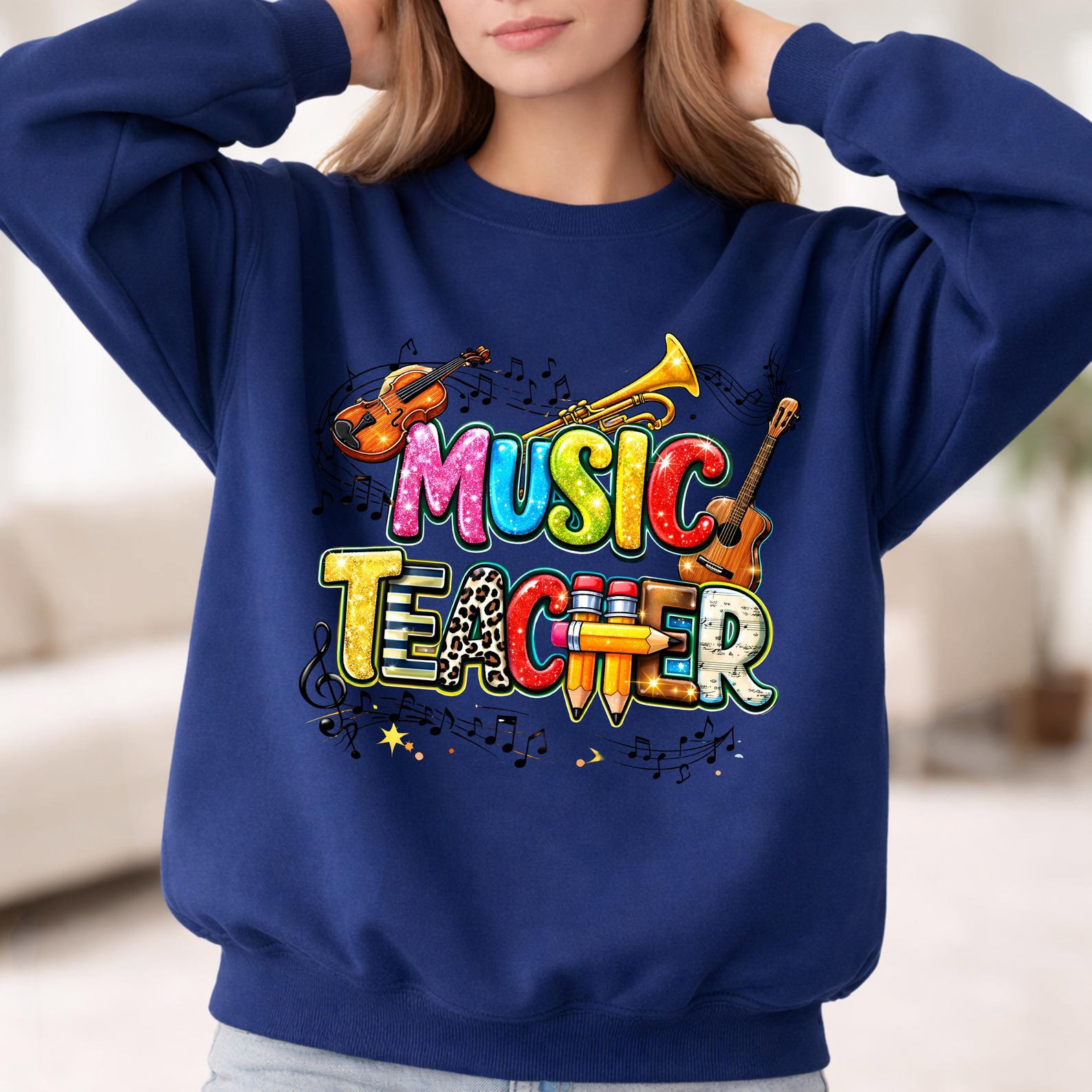 Colorful Music Teacher Sweatshirt, Musical Instruments Graphics Shirt For School Educators 5