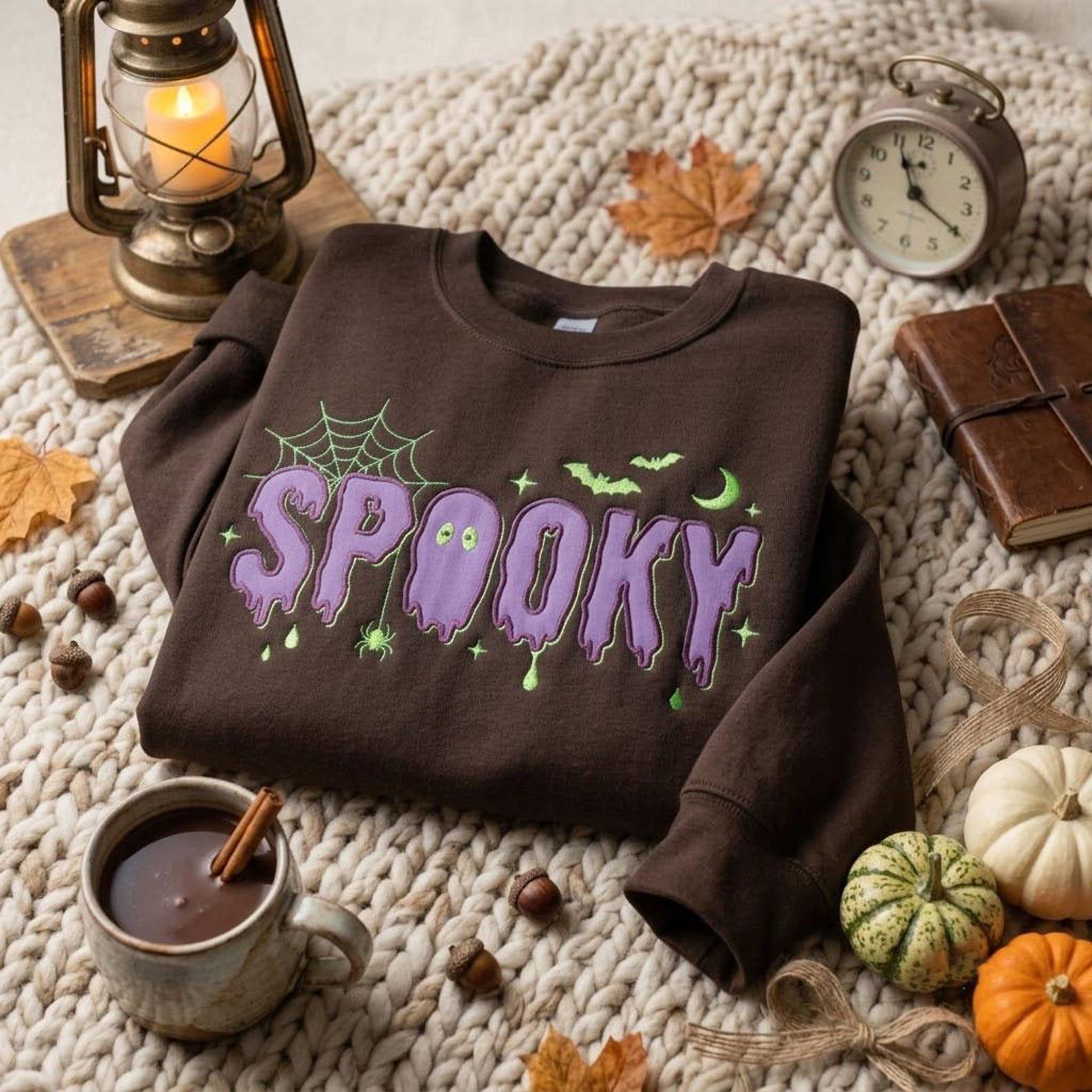 Halloween Embroidered Sweatshirt, Spooky Ghost Letter Crewneck, Purple Embroidery Shirt, Cute Fall Pullover, Cozy Autumn Gift 1