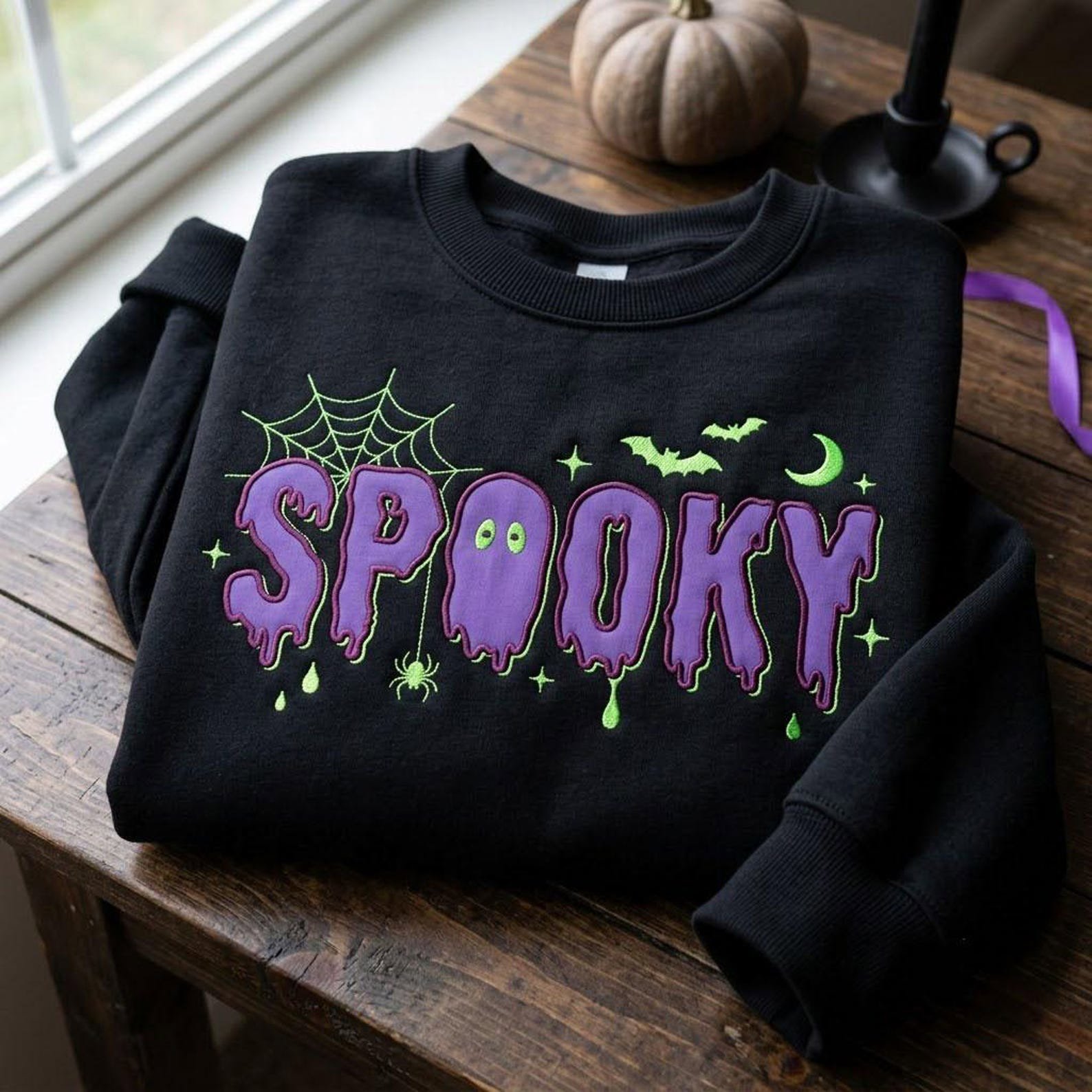 Halloween Embroidered Sweatshirt, Spooky Ghost Letter Crewneck, Purple Embroidery Shirt, Cute Fall Pullover, Cozy Autumn Gift 3