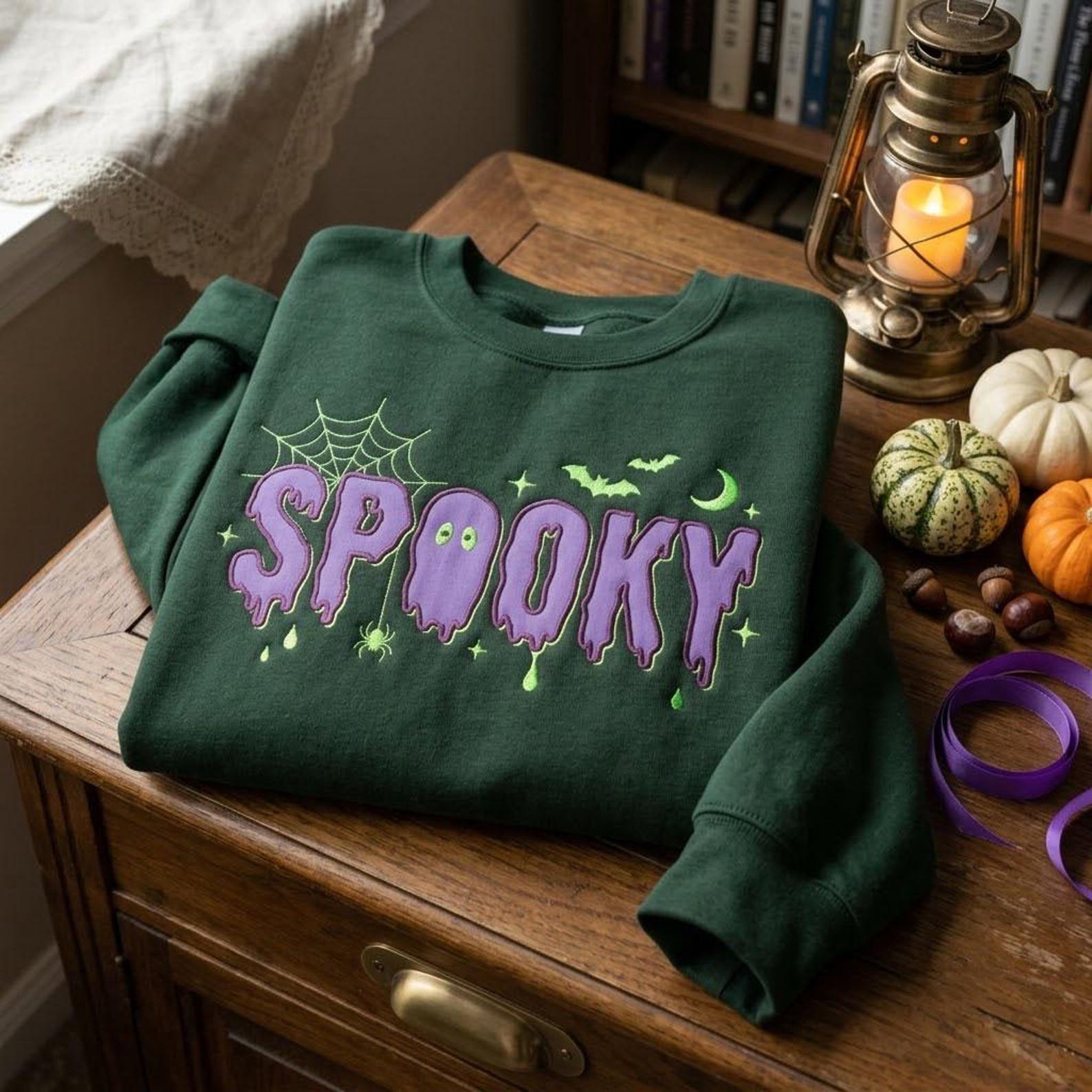 Halloween Embroidered Sweatshirt, Spooky Ghost Letter Crewneck, Purple Embroidery Shirt, Cute Fall Pullover, Cozy Autumn Gift 2