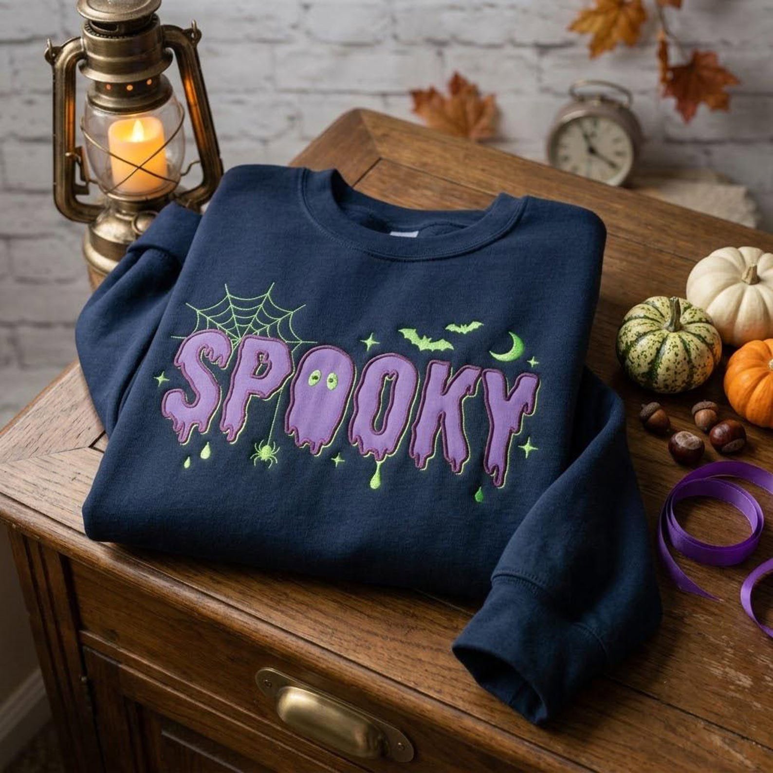 Halloween Embroidered Sweatshirt, Spooky Ghost Letter Crewneck, Purple Embroidery Shirt, Cute Fall Pullover, Cozy Autumn Gift 4