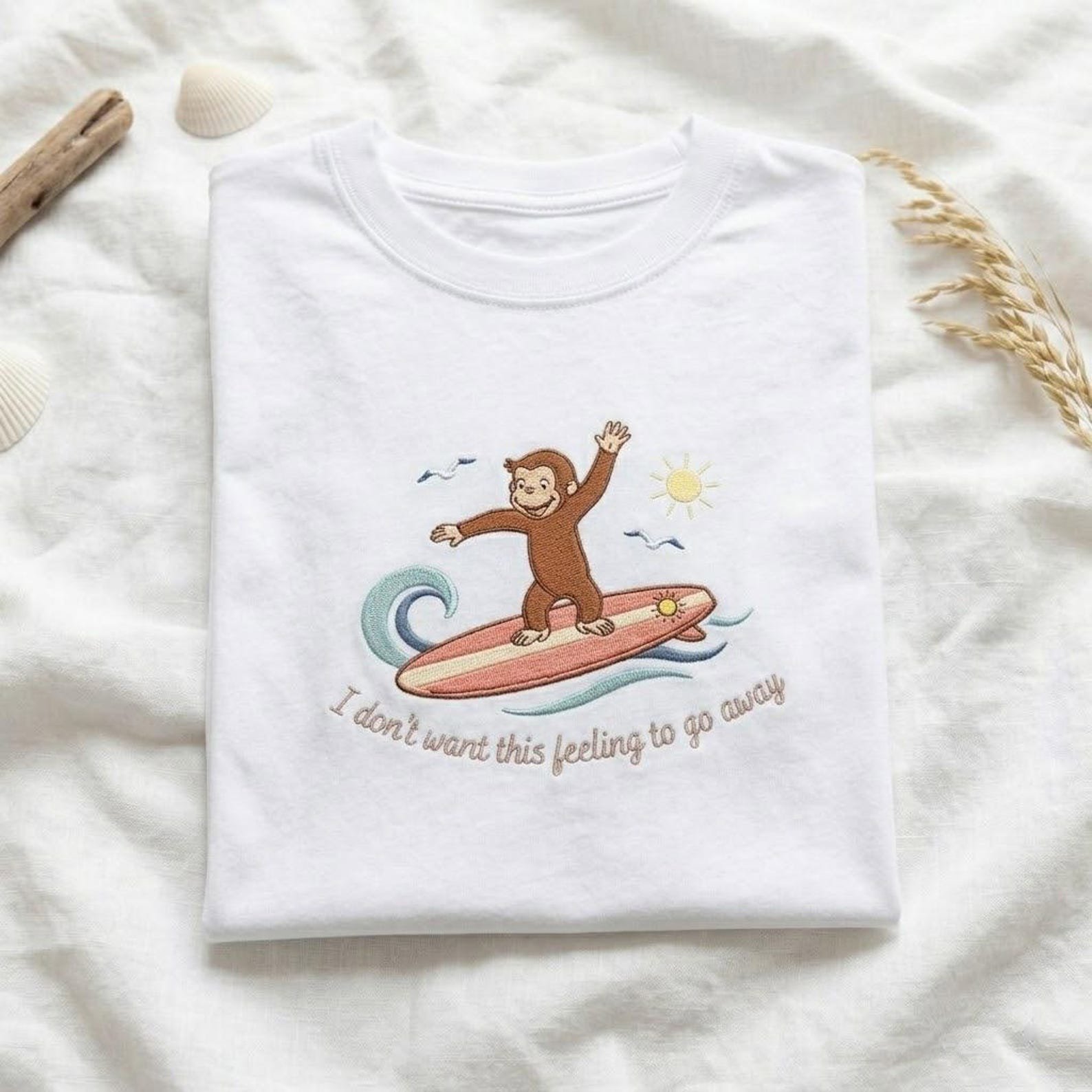 Curious George Surfing Embroidered Shirt, Vintage Surfer Monkey, Retro I Don't Want This Feeling To Go Away Shirt, Funny Summer Beach Tee 1
