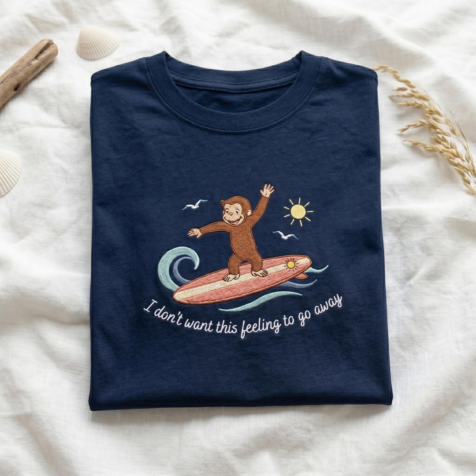 Curious George Surfing Embroidered Shirt, Vintage Surfer Monkey, Retro I Don't Want This Feeling To Go Away Shirt, Funny Summer Beach Tee 2