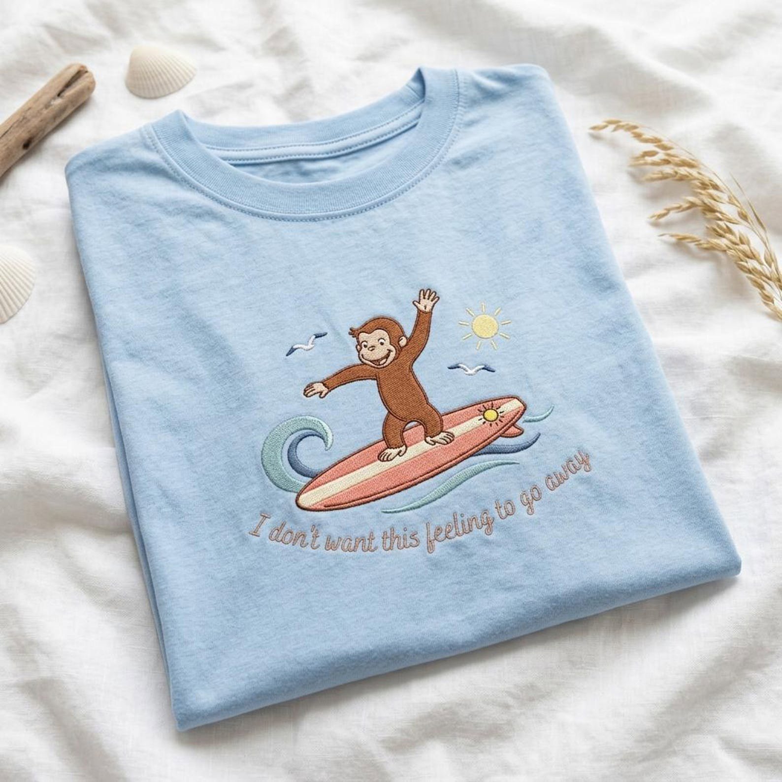 Curious George Surfing Embroidered Shirt, Vintage Surfer Monkey, Retro I Don't Want This Feeling To Go Away Shirt, Funny Summer Beach Tee 3