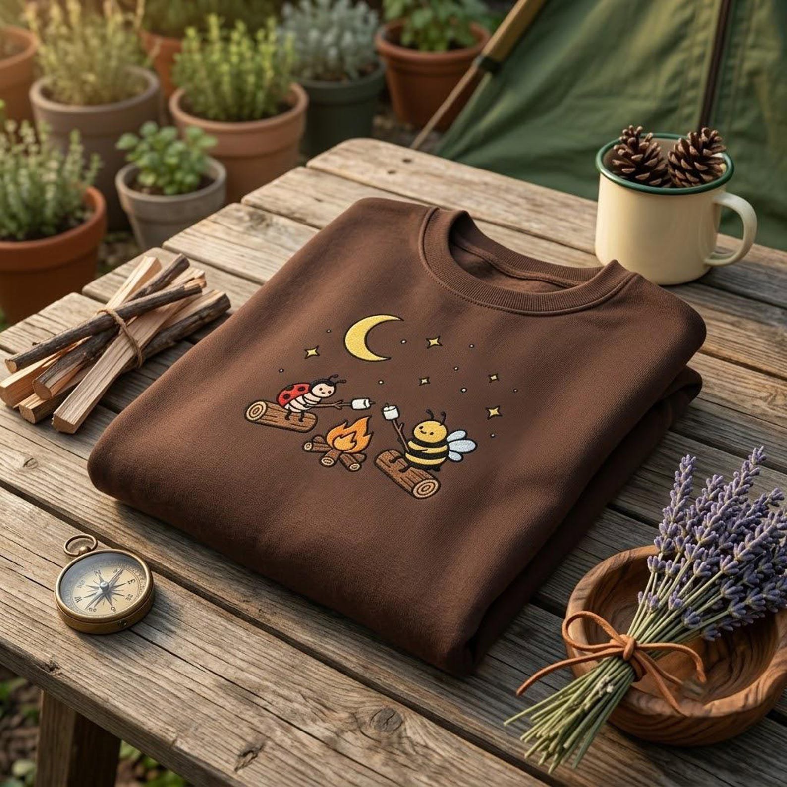 Cute Campfire Embroidered Crewneck, Bee and Ladybug Camping Sweatshirt, Whimsical Outdoor Nature Gift for Women 2