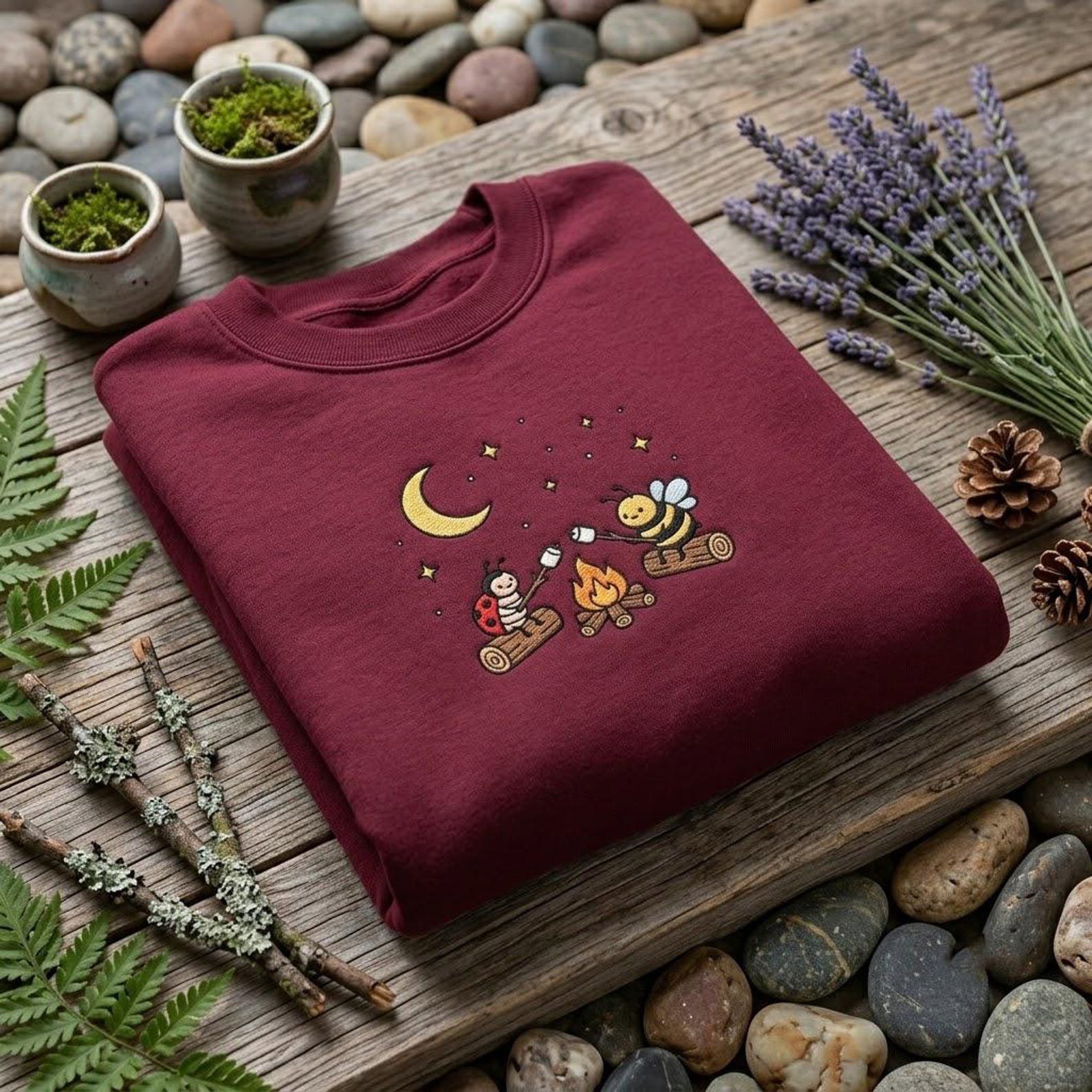 Cute Campfire Embroidered Crewneck, Bee and Ladybug Camping Sweatshirt, Whimsical Outdoor Nature Gift for Women 3