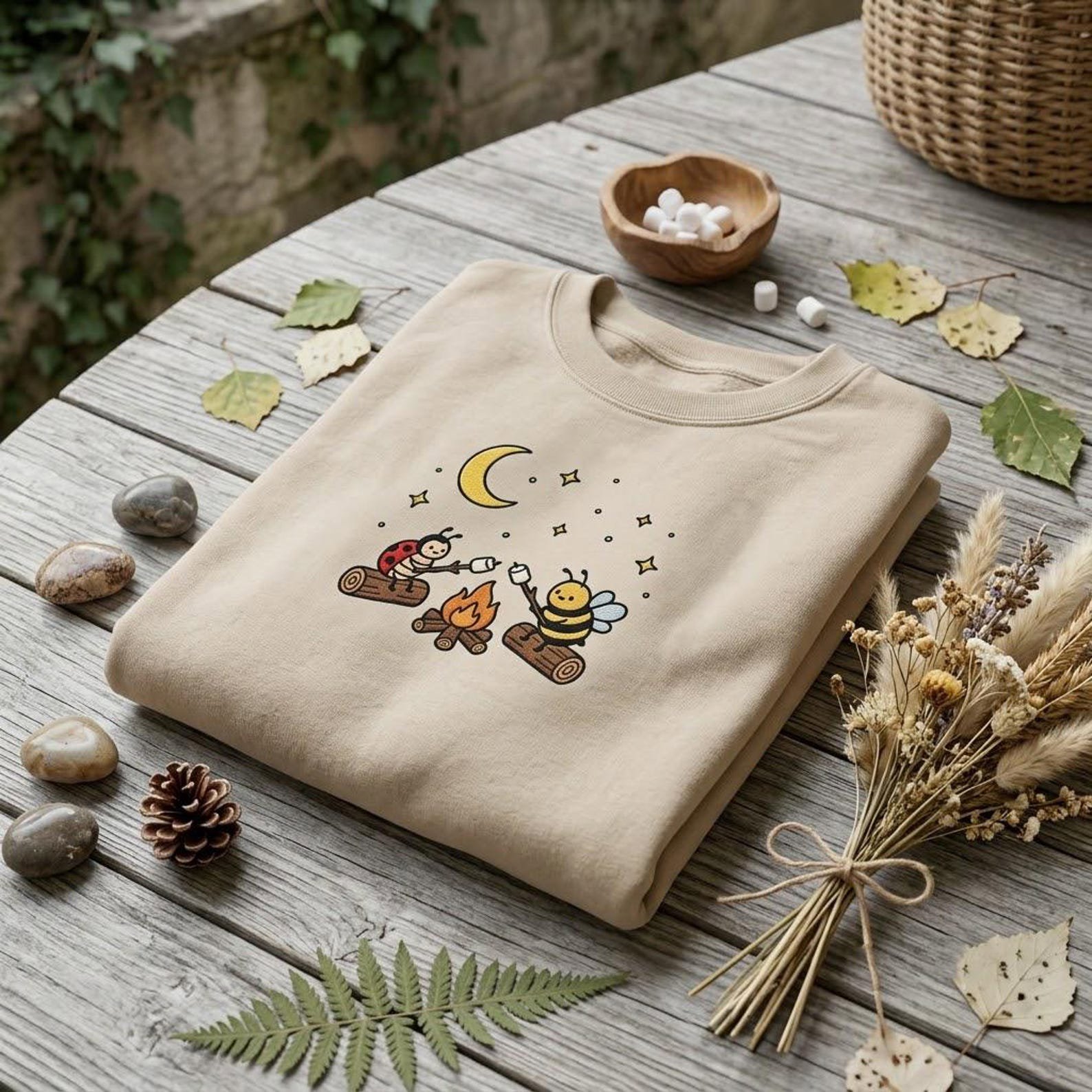 Cute Campfire Embroidered Crewneck, Bee and Ladybug Camping Sweatshirt, Whimsical Outdoor Nature Gift for Women 1