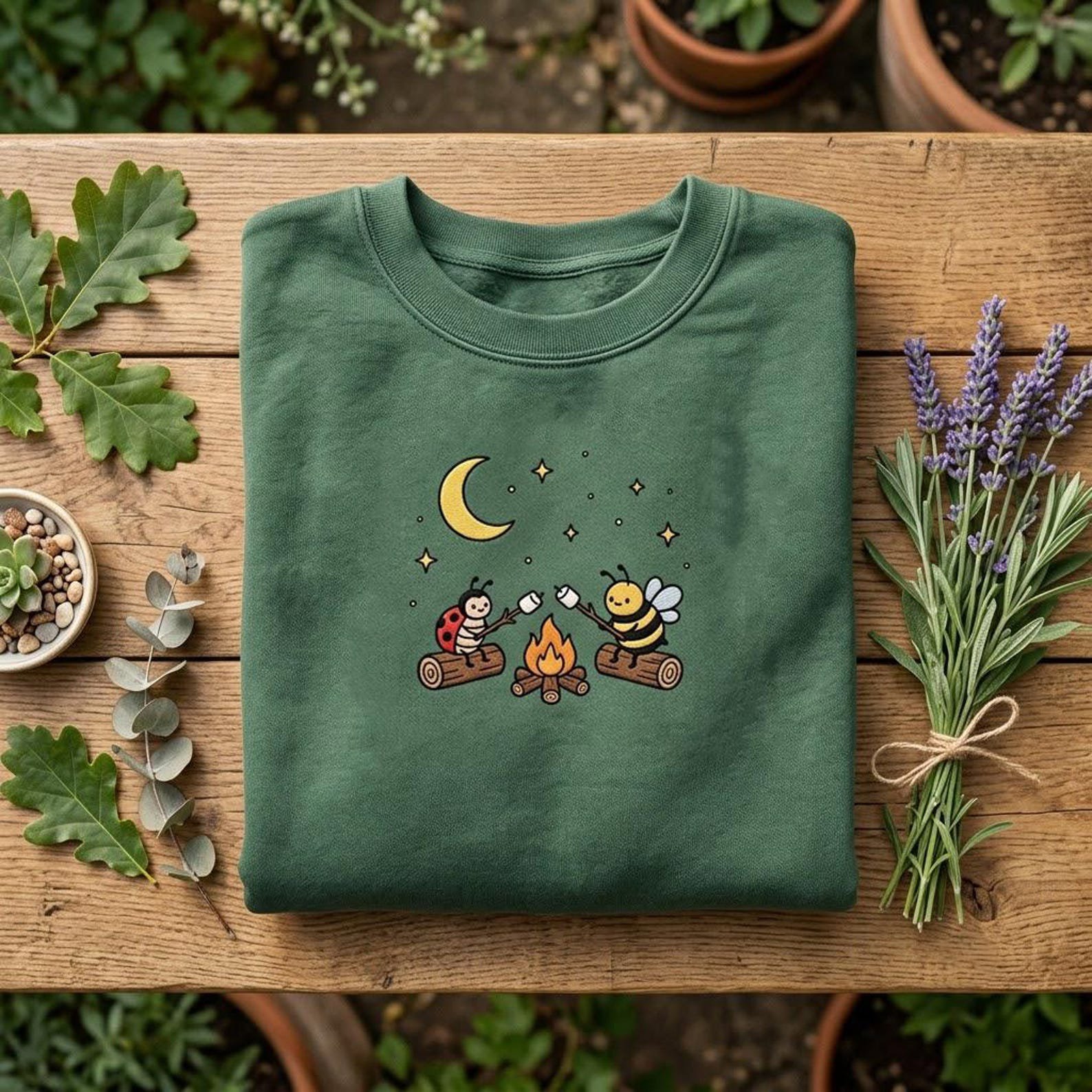 Cute Campfire Embroidered Crewneck, Bee and Ladybug Camping Sweatshirt, Whimsical Outdoor Nature Gift for Women 4