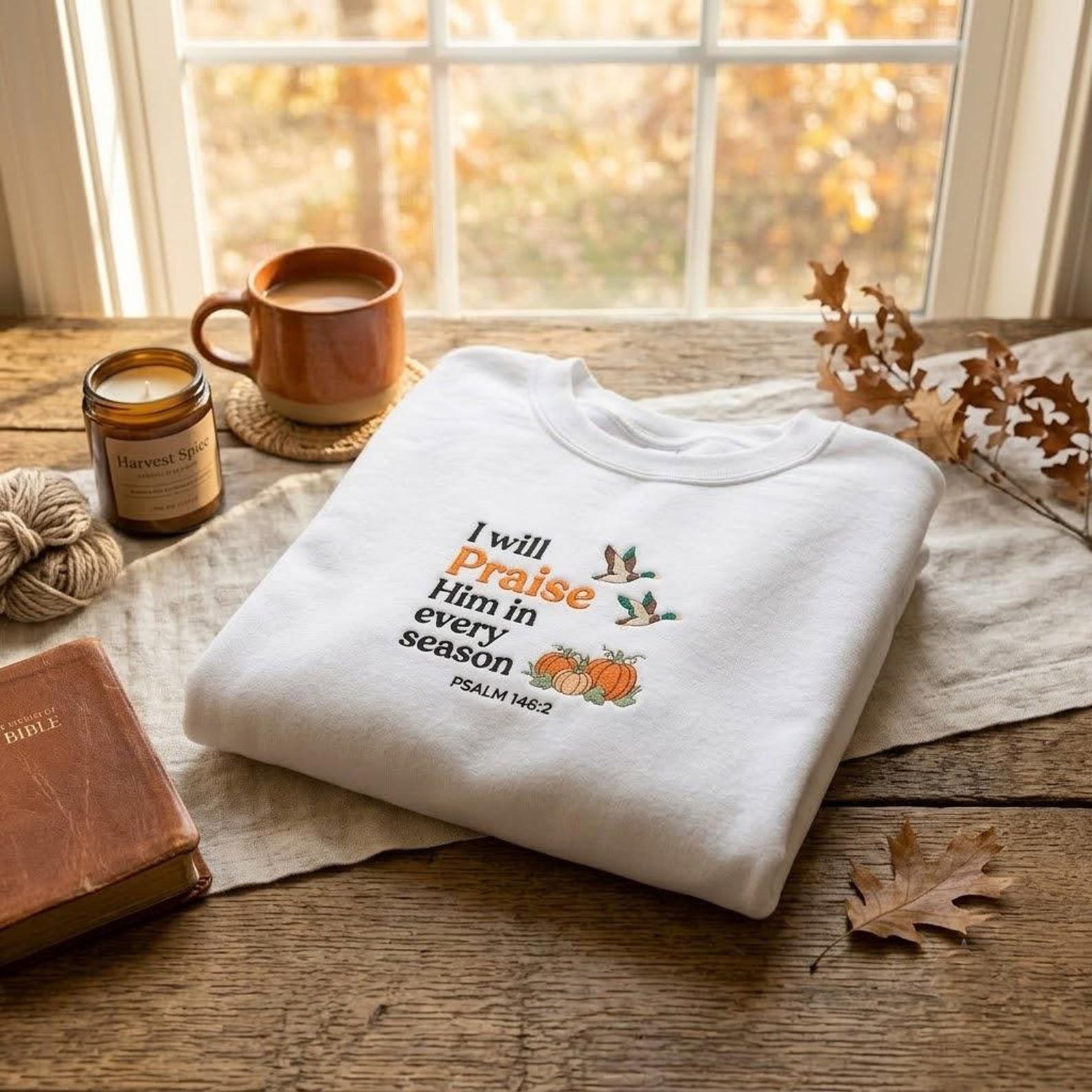 Faith Embroidered Sweatshirt, I Will Praise Him in Every Season, Psalm 146:2 Christian Crewneck, Religious Autumn Gift Idea 2