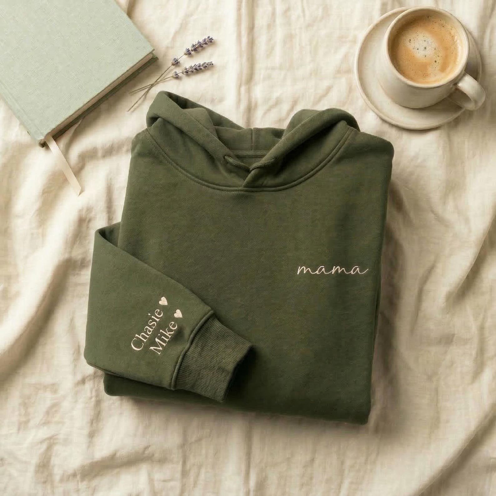 Custom Mama Hoodie with Kids Names on Sleeve, Personalized Embroidered Mom Sweatshirt, Minimalist Mama Gift, Mother's Day Hoodie 3
