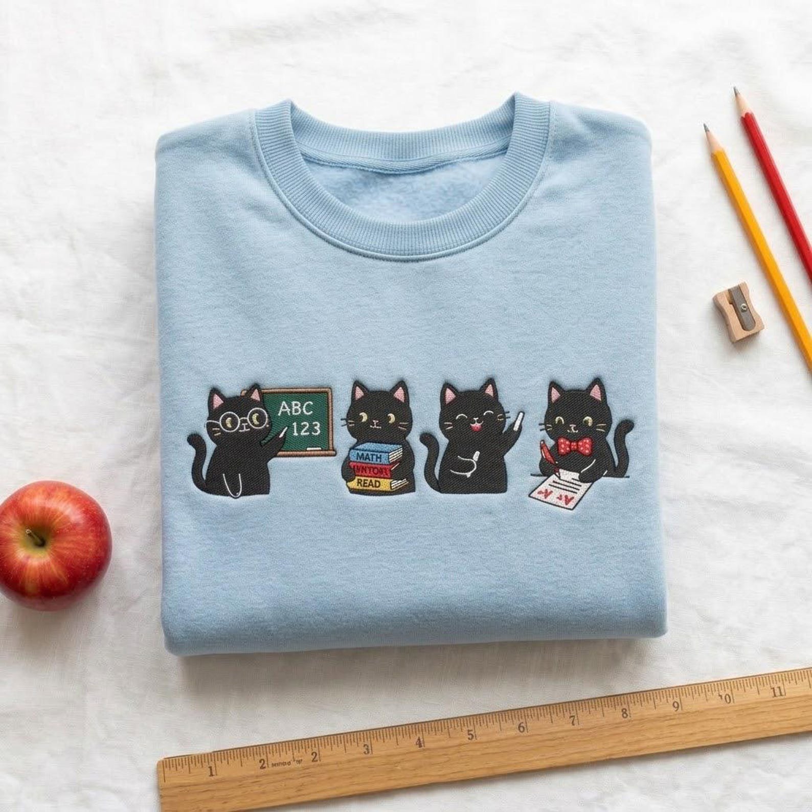 Black Cat Teacher Embroidered Sweatshirt, Cute Classroom Crewneck, Back to School Apparel, Educator Appreciation Gift 3