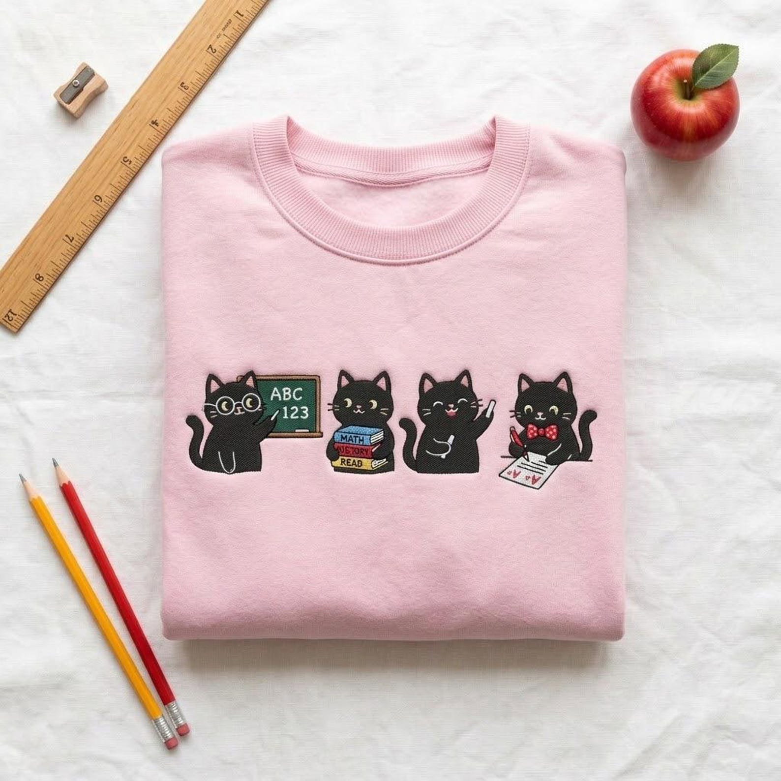 Black Cat Teacher Embroidered Sweatshirt, Cute Classroom Crewneck, Back to School Apparel, Educator Appreciation Gift 2